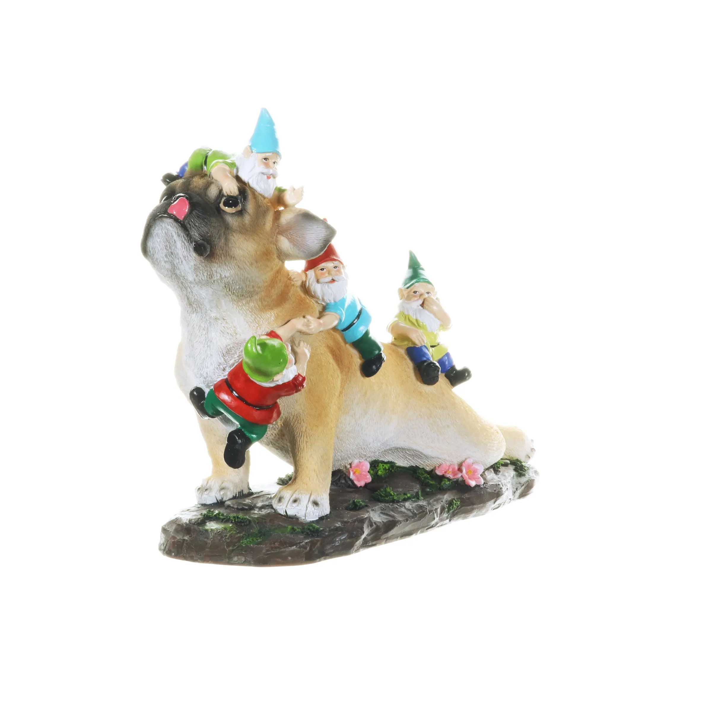 French Bulldog Garden Statue with Gnomes, Hand Painted, UV-Treated Resin, 6.5 x 12 Inches