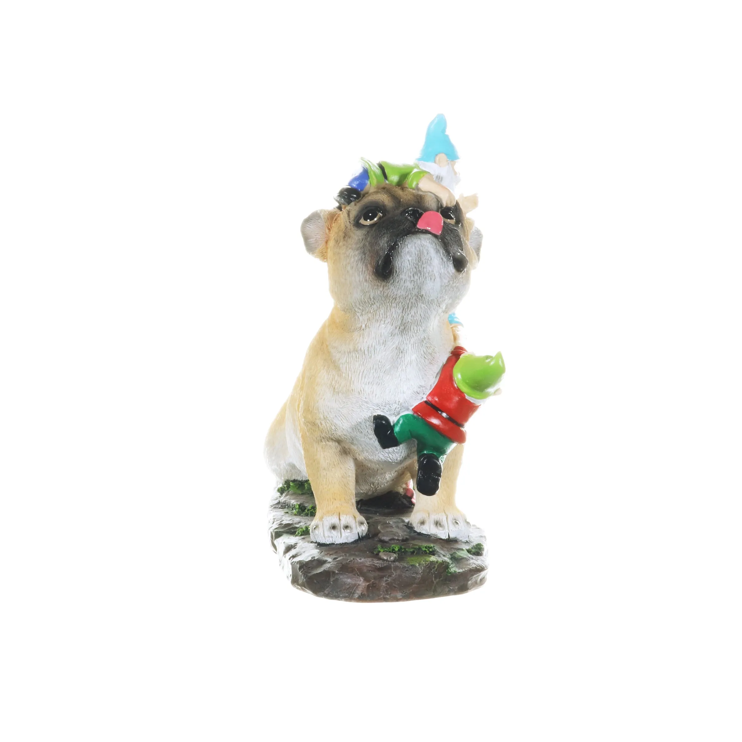 French Bulldog Garden Statue with Gnomes, Hand Painted, UV-Treated Resin, 6.5 x 12 Inches