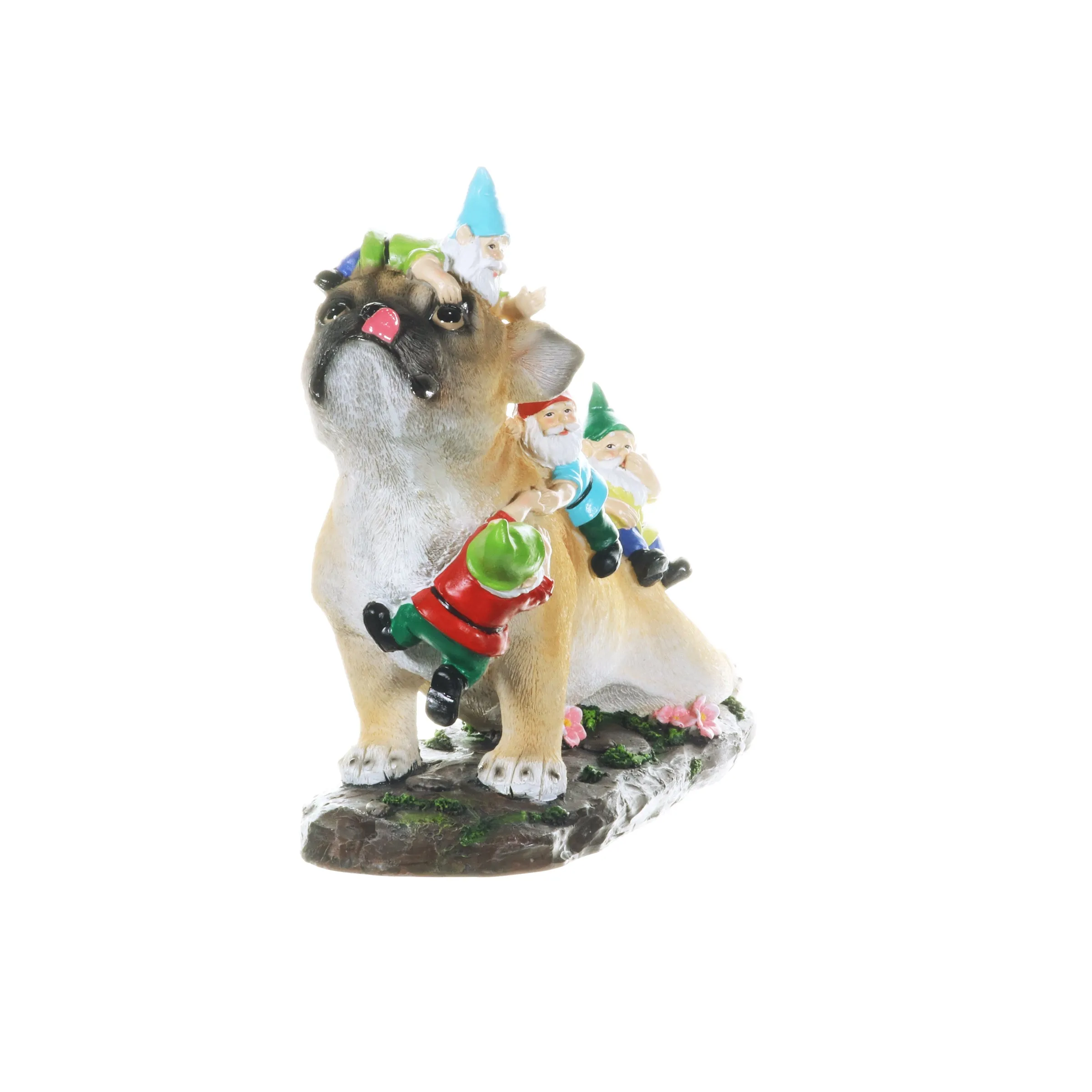 French Bulldog Garden Statue with Gnomes, Hand Painted, UV-Treated Resin, 6.5 x 12 Inches