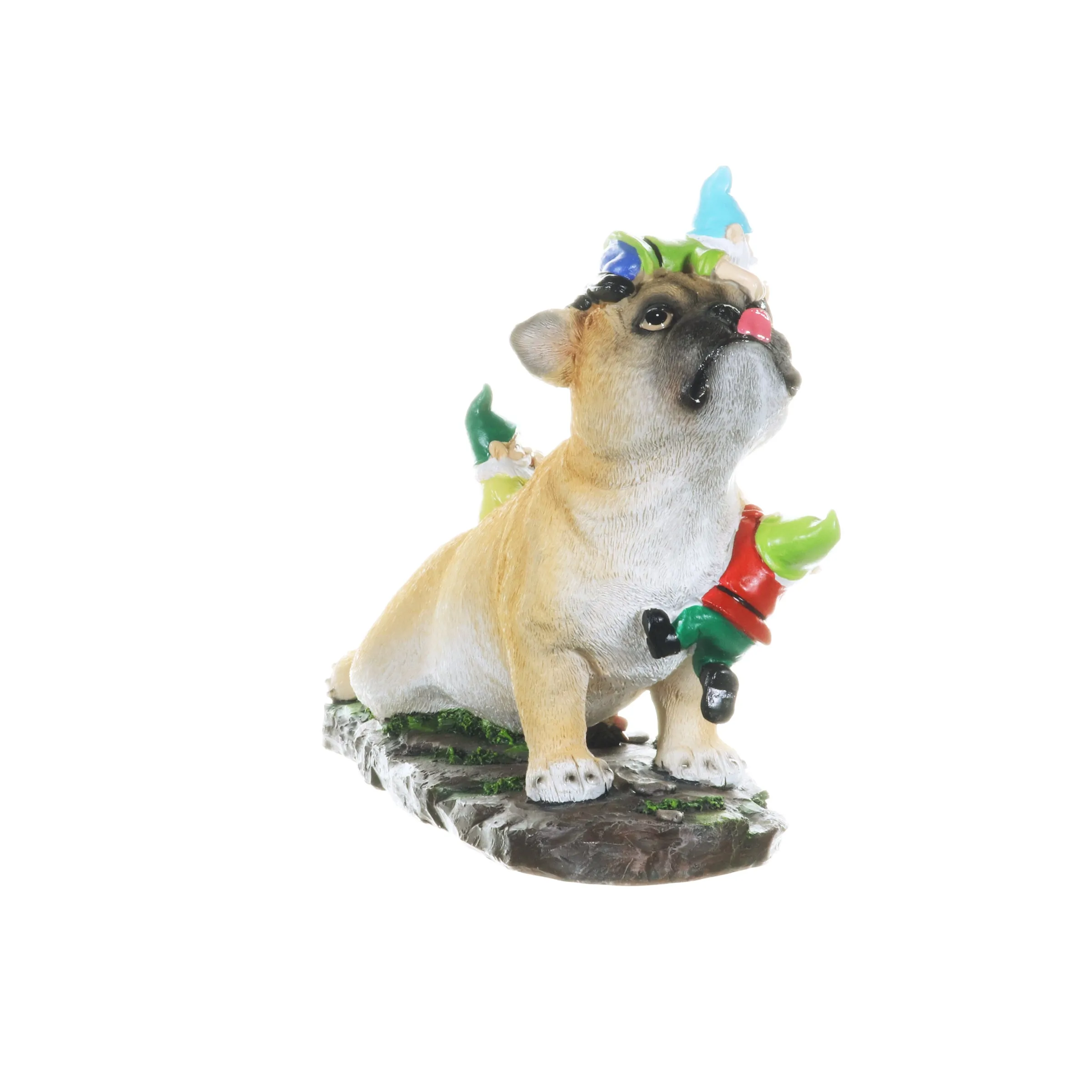 French Bulldog Garden Statue with Gnomes, Hand Painted, UV-Treated Resin, 6.5 x 12 Inches