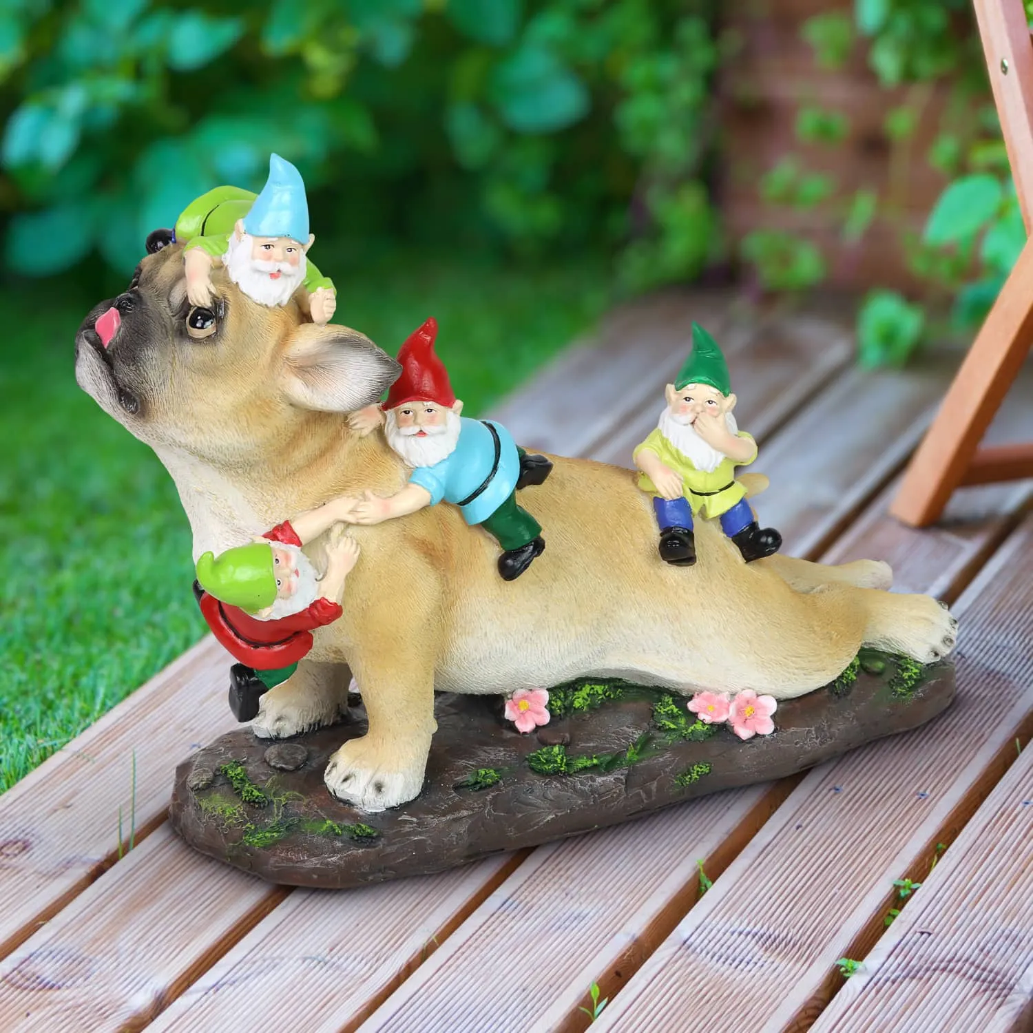 French Bulldog Garden Statue with Gnomes, Hand Painted, UV-Treated Resin, 6.5 x 12 Inches