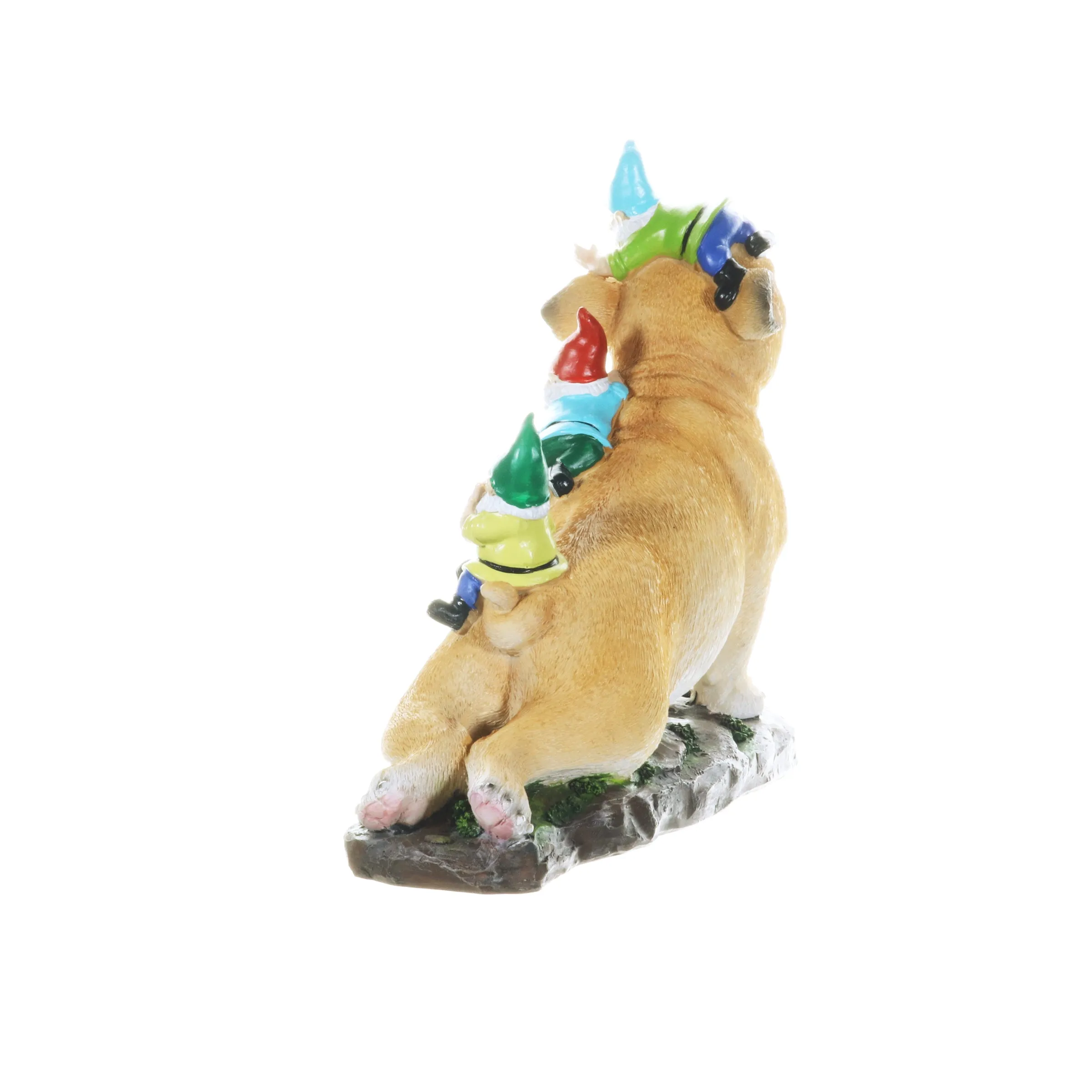 French Bulldog Garden Statue with Gnomes, Hand Painted, UV-Treated Resin, 6.5 x 12 Inches