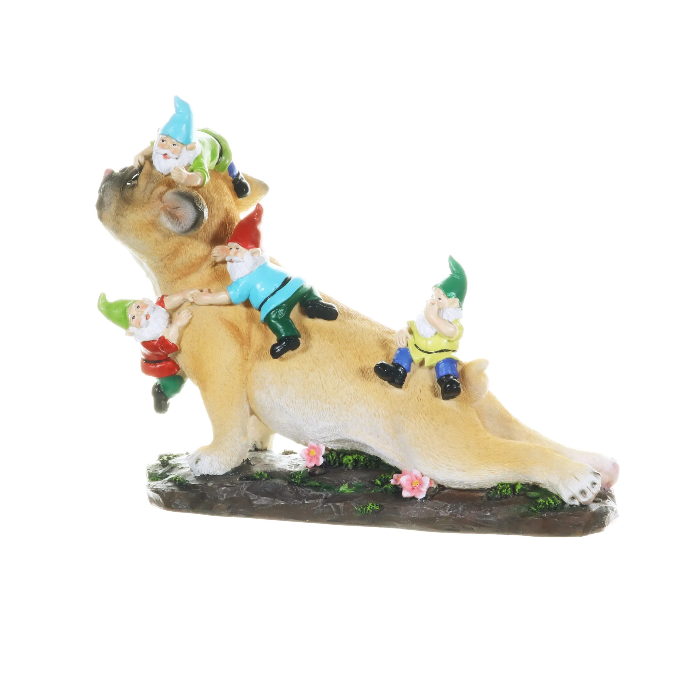 French Bulldog Garden Statue with Gnomes, Hand Painted, UV-Treated Resin, 6.5 x 12 Inches