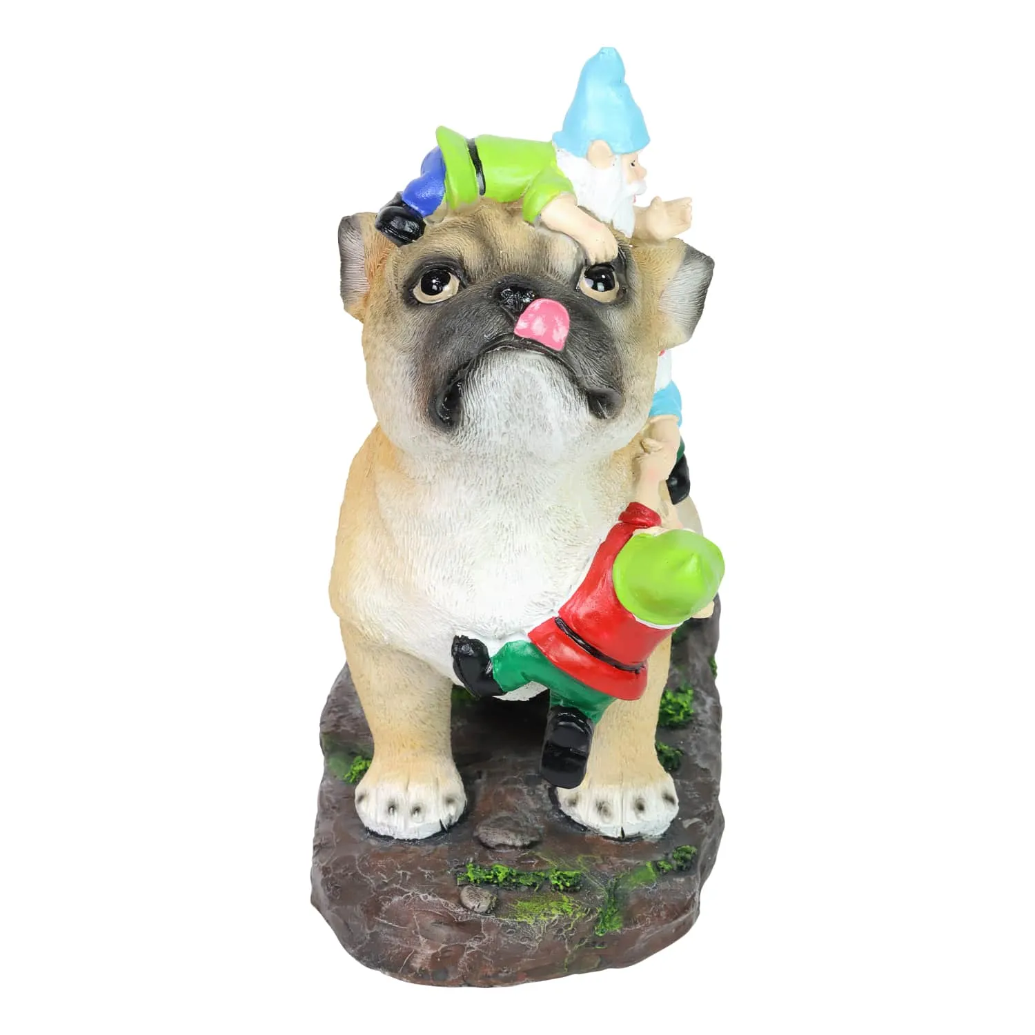 French Bulldog Garden Statue with Gnomes, Hand Painted, UV-Treated Resin, 6.5 x 12 Inches