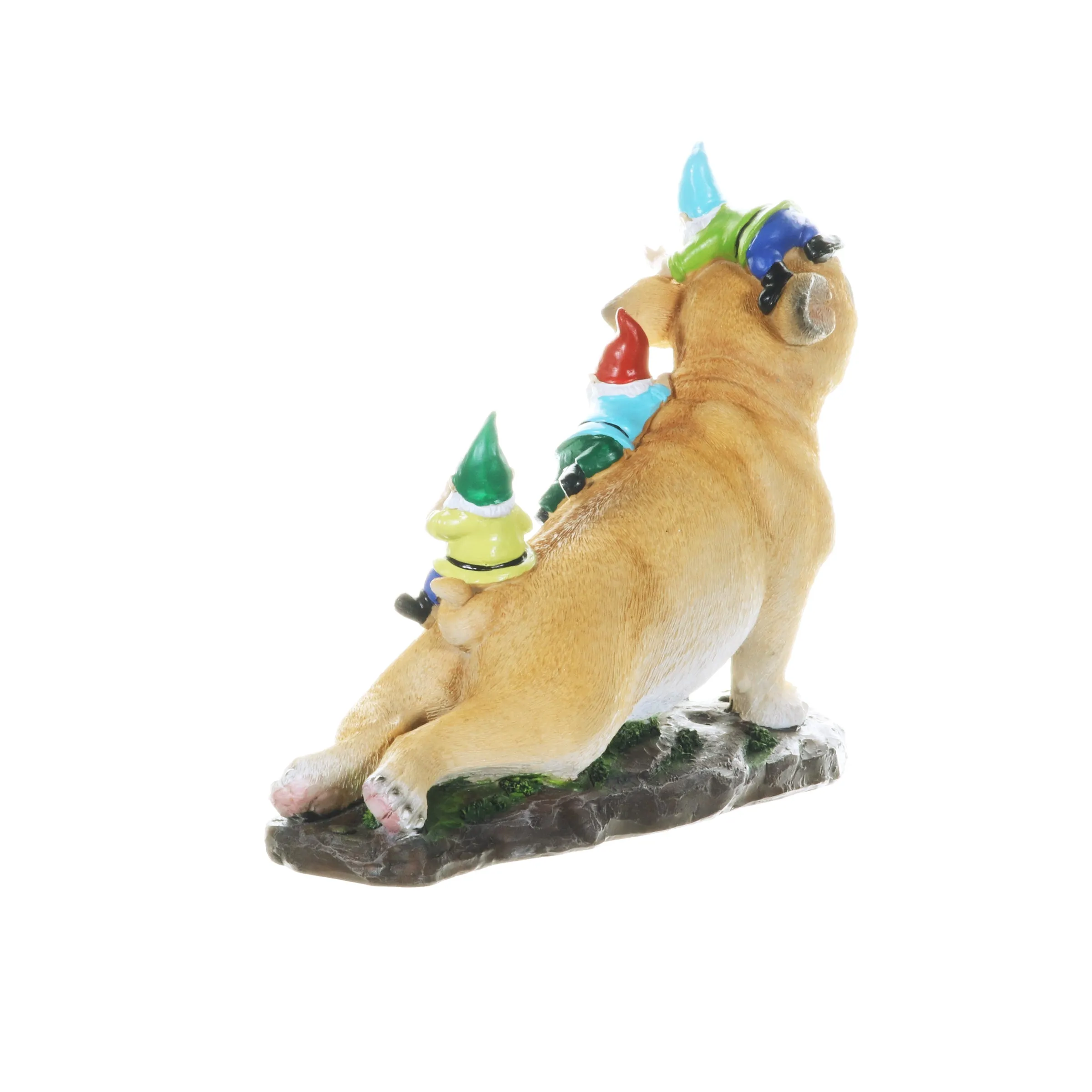 French Bulldog Garden Statue with Gnomes, Hand Painted, UV-Treated Resin, 6.5 x 12 Inches