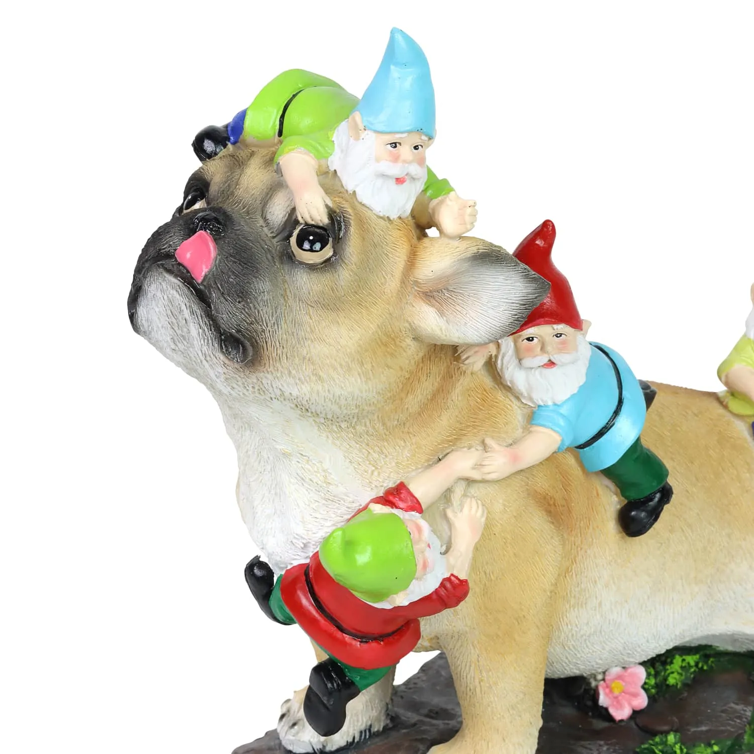 French Bulldog Garden Statue with Gnomes, Hand Painted, UV-Treated Resin, 6.5 x 12 Inches