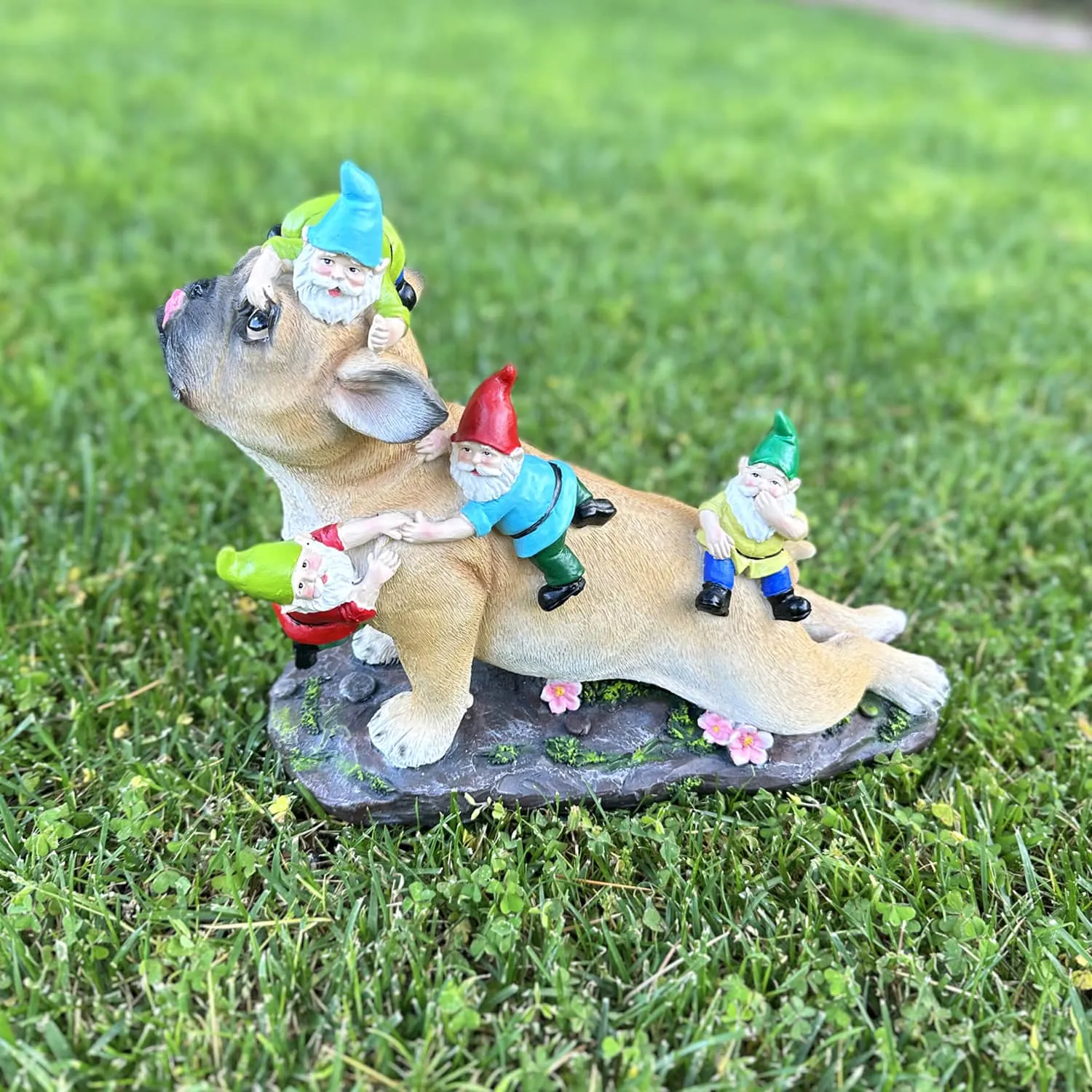 French Bulldog Garden Statue with Gnomes, Hand Painted, UV-Treated Resin, 6.5 x 12 Inches