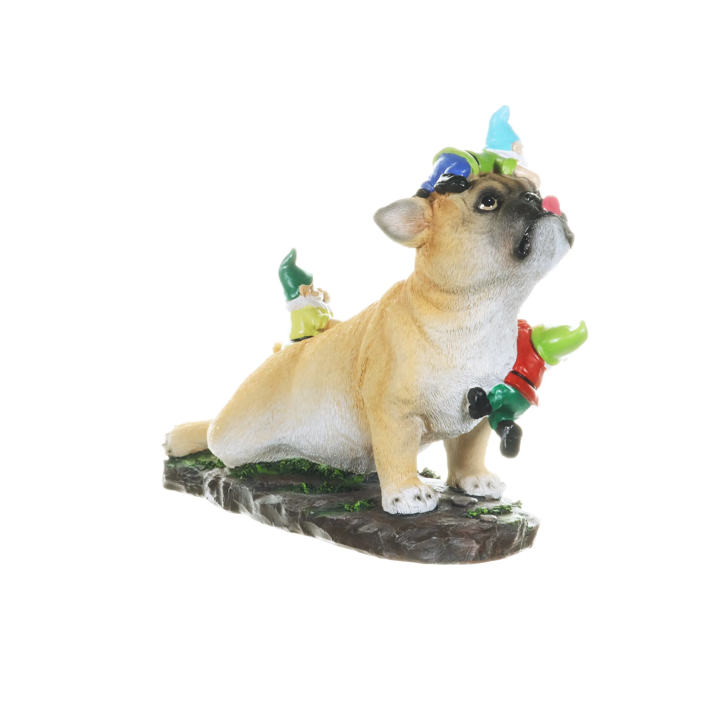 French Bulldog Garden Statue with Gnomes, Hand Painted, UV-Treated Resin, 6.5 x 12 Inches