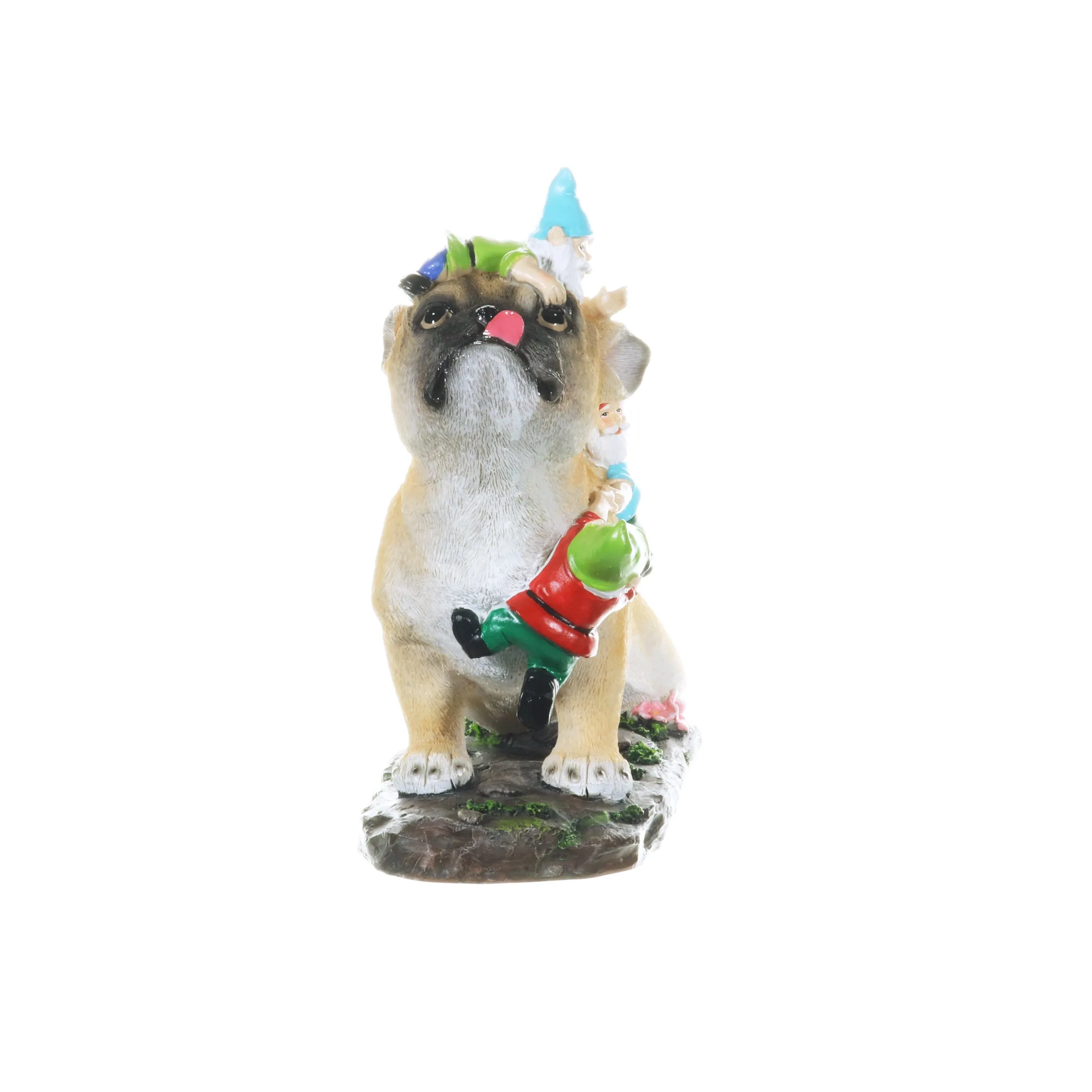 French Bulldog Garden Statue with Gnomes, Hand Painted, UV-Treated Resin, 6.5 x 12 Inches