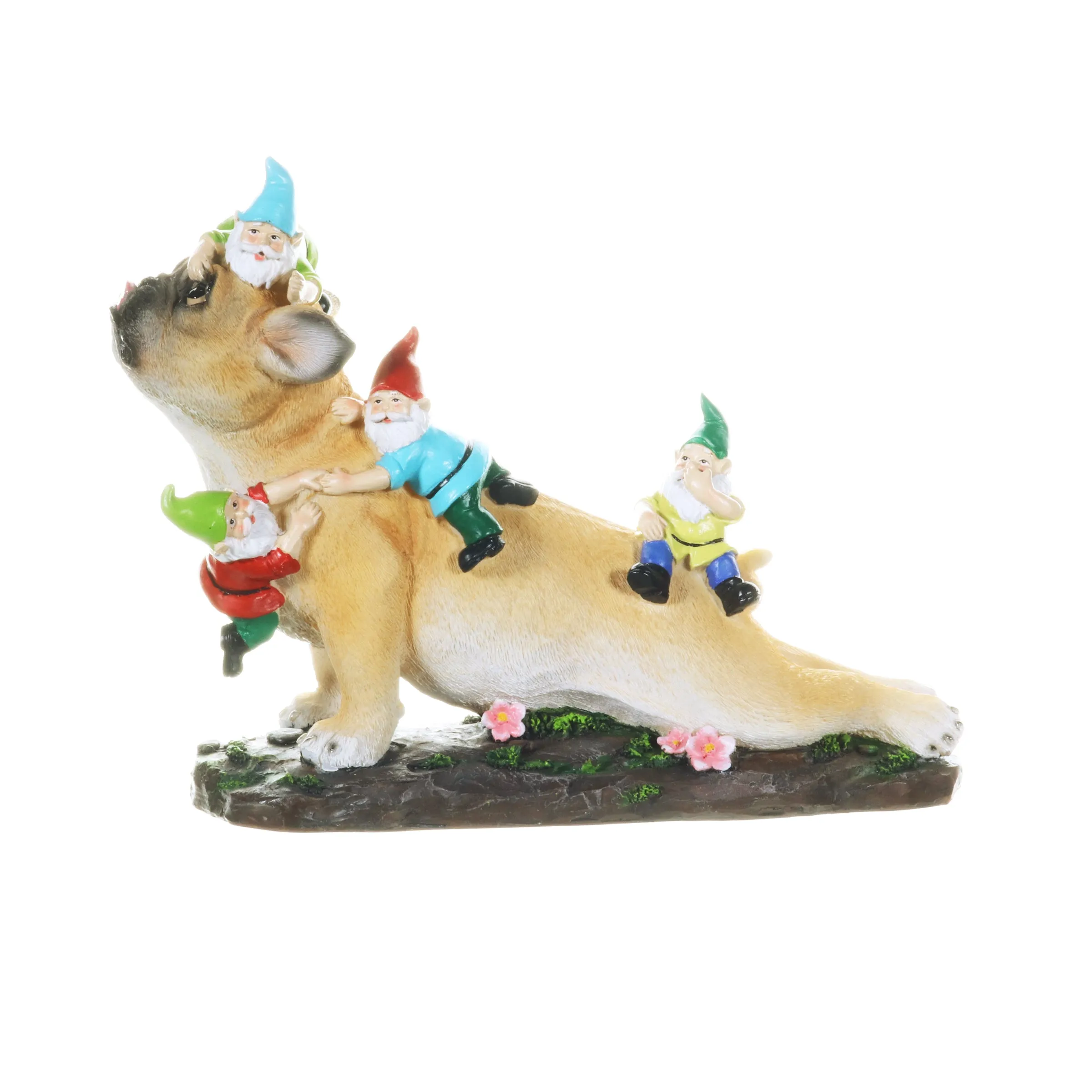 French Bulldog Garden Statue with Gnomes, Hand Painted, UV-Treated Resin, 6.5 x 12 Inches