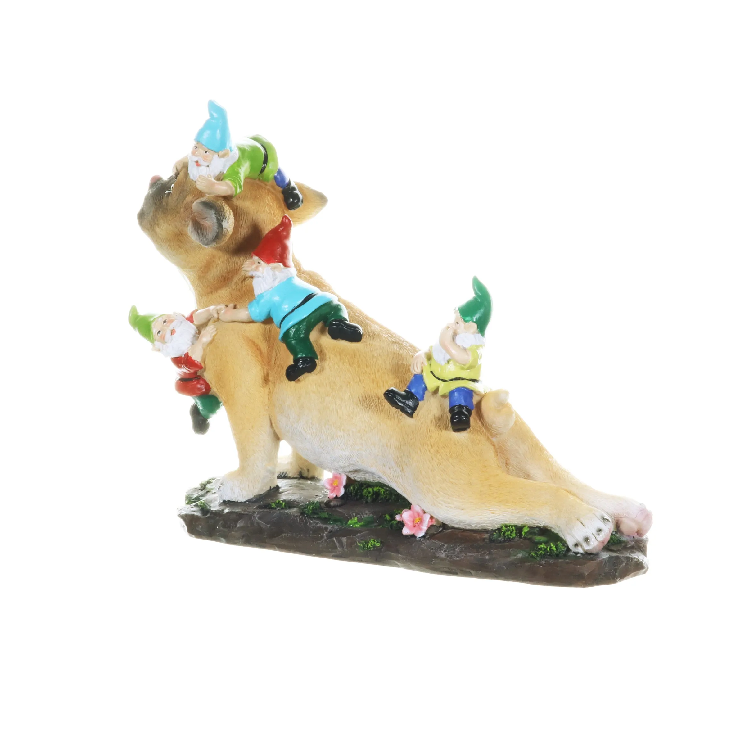 French Bulldog Garden Statue with Gnomes, Hand Painted, UV-Treated Resin, 6.5 x 12 Inches