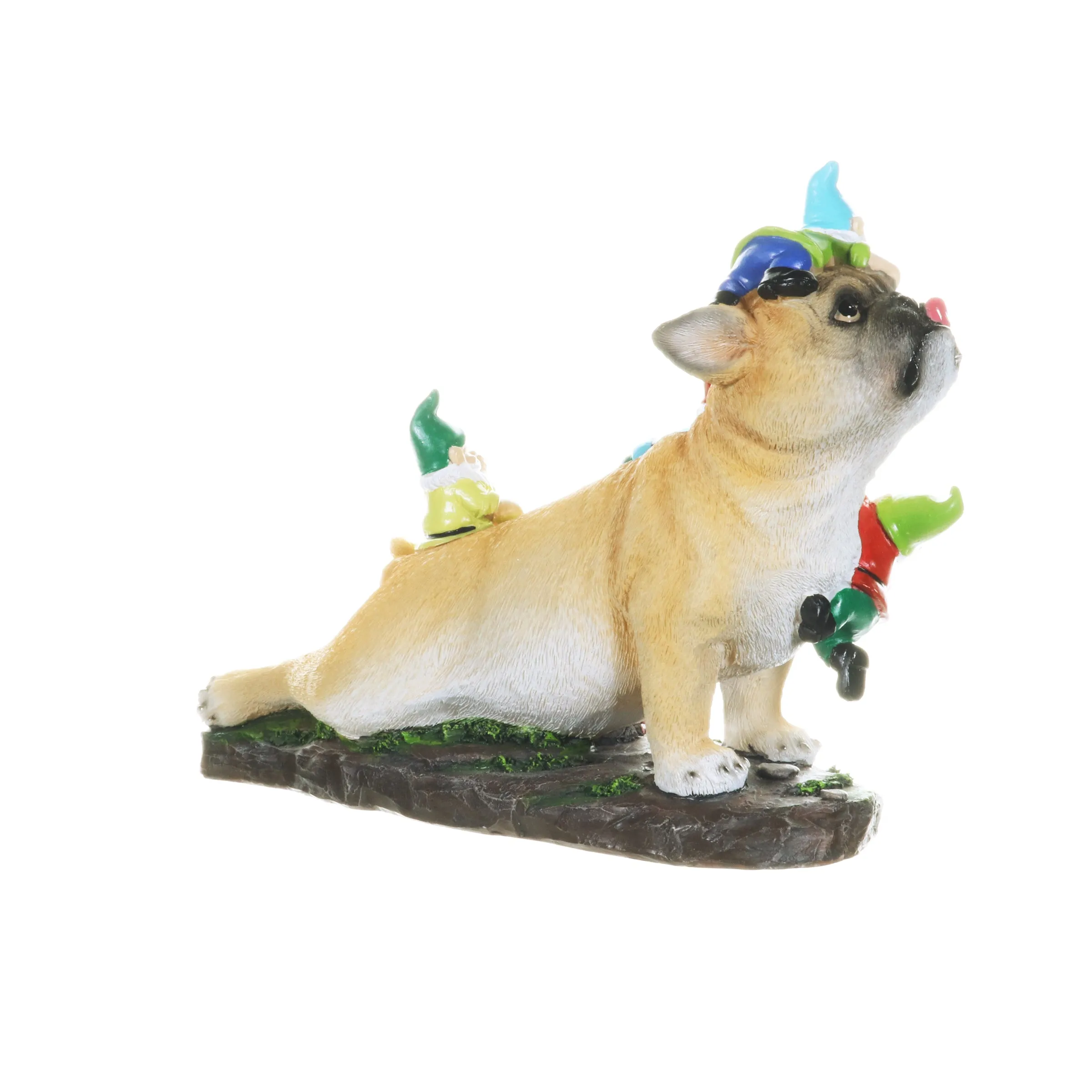 French Bulldog Garden Statue with Gnomes, Hand Painted, UV-Treated Resin, 6.5 x 12 Inches