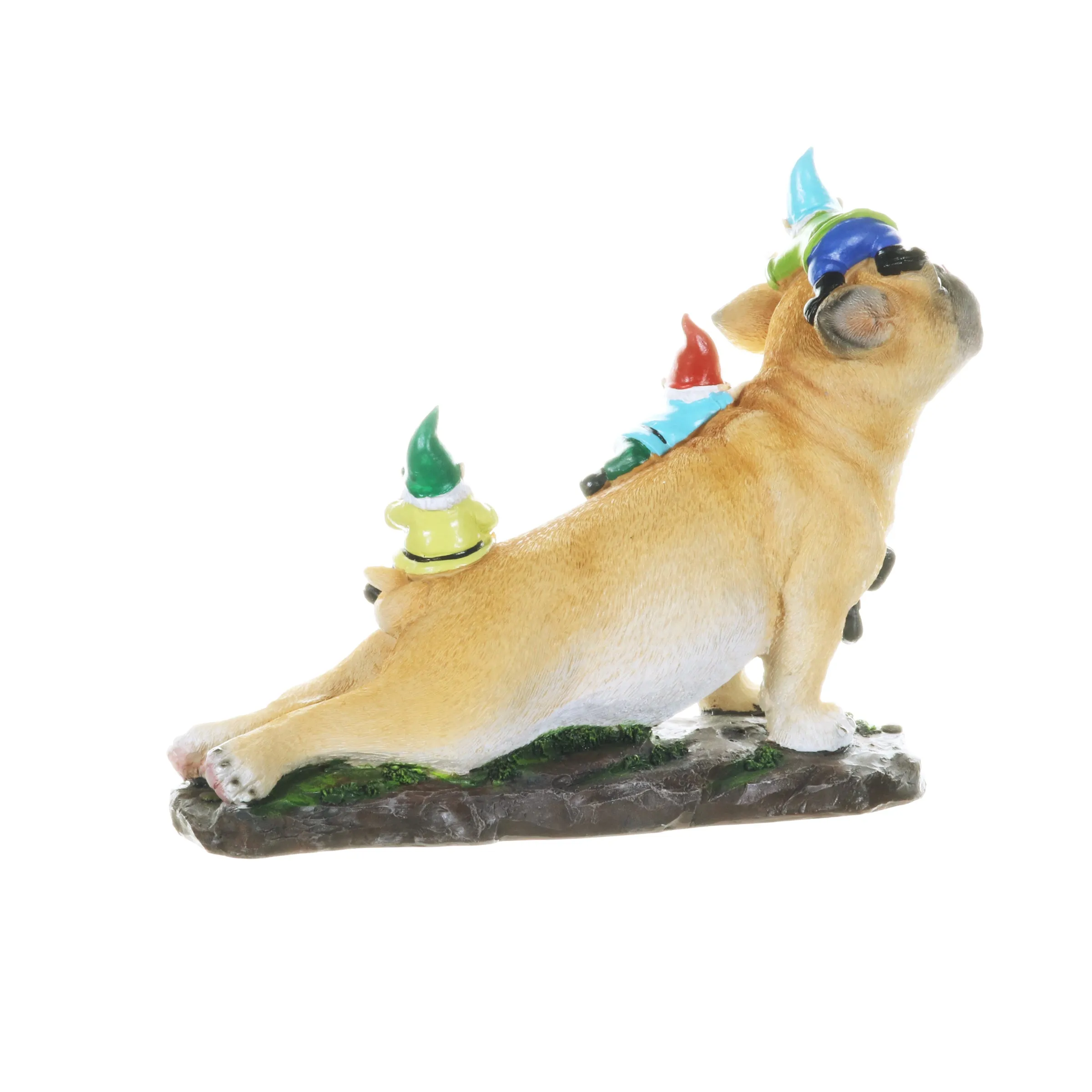 French Bulldog Garden Statue with Gnomes, Hand Painted, UV-Treated Resin, 6.5 x 12 Inches