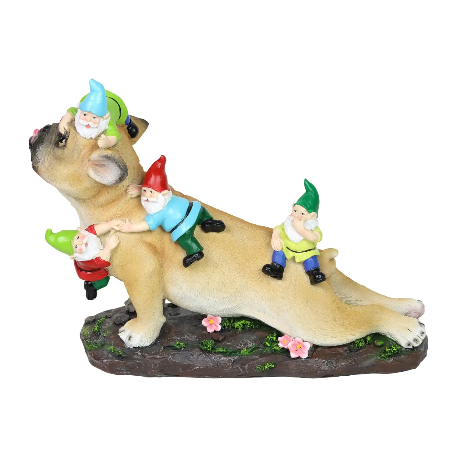 French Bulldog Garden Statue with Gnomes, Hand Painted, UV-Treated Resin, 6.5 x 12 Inches