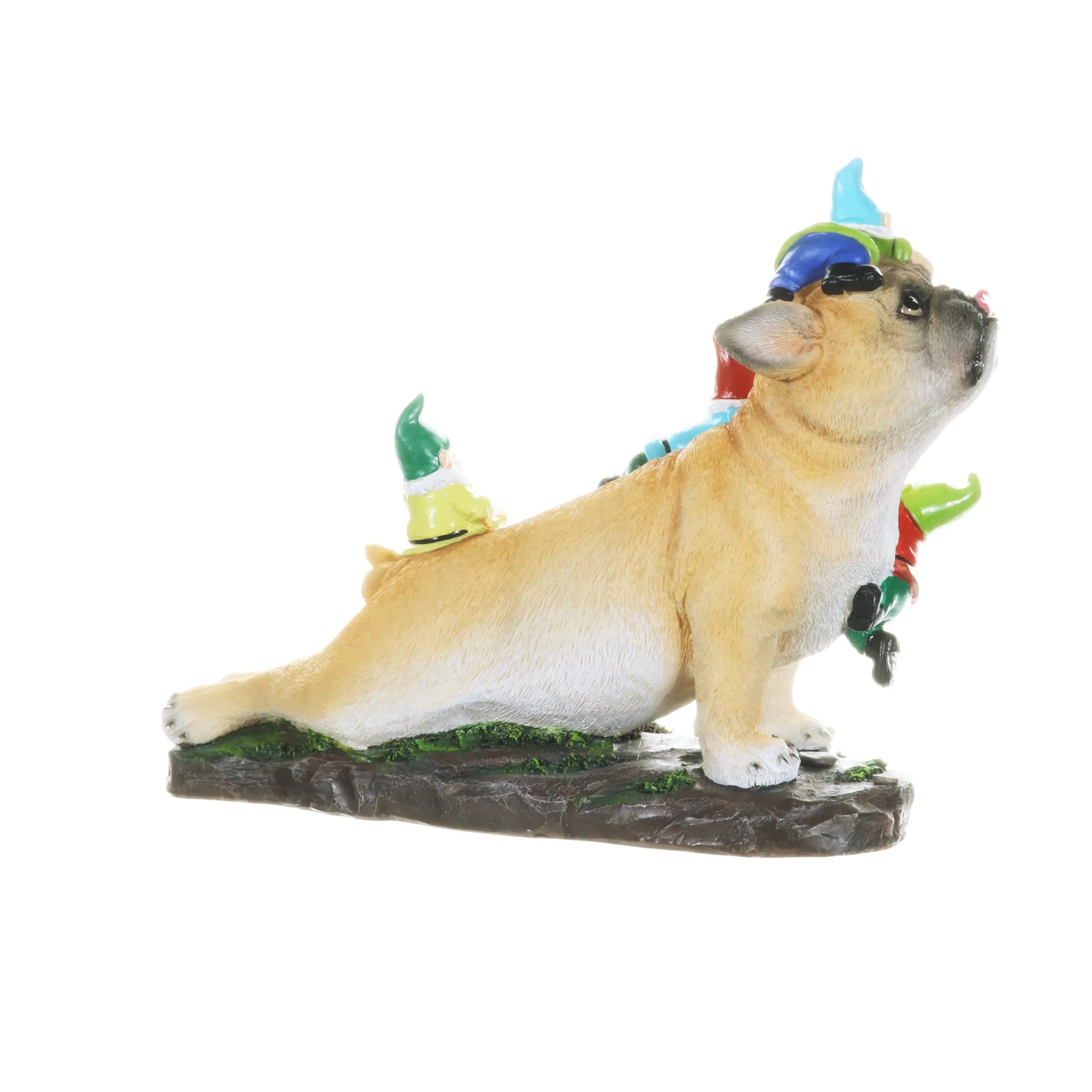 French Bulldog Garden Statue with Gnomes, Hand Painted, UV-Treated Resin, 6.5 x 12 Inches