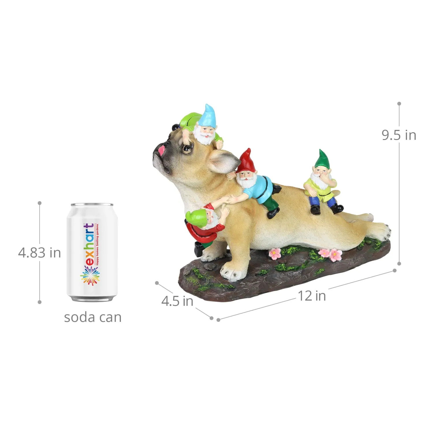 French Bulldog Garden Statue with Gnomes, Hand Painted, UV-Treated Resin, 6.5 x 12 Inches