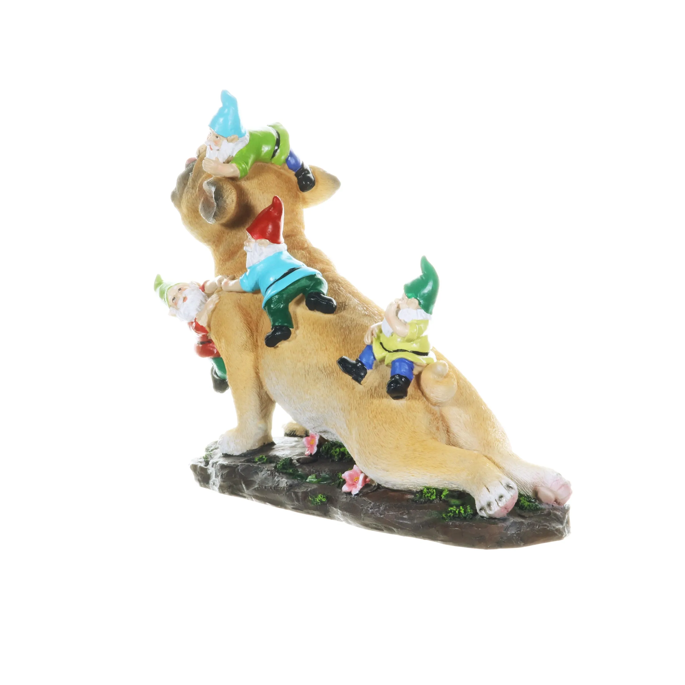 French Bulldog Garden Statue with Gnomes, Hand Painted, UV-Treated Resin, 6.5 x 12 Inches