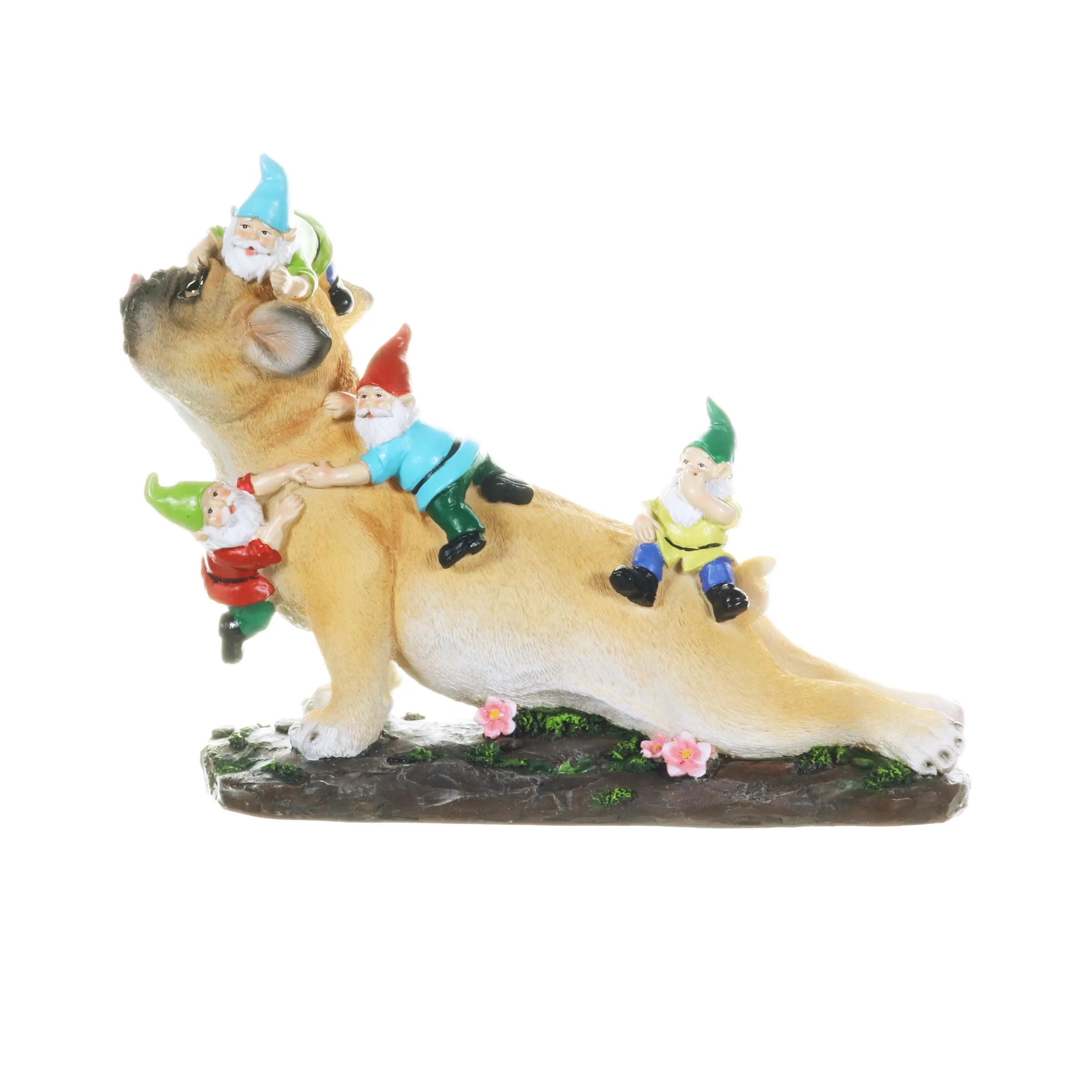 French Bulldog Garden Statue with Gnomes, Hand Painted, UV-Treated Resin, 6.5 x 12 Inches