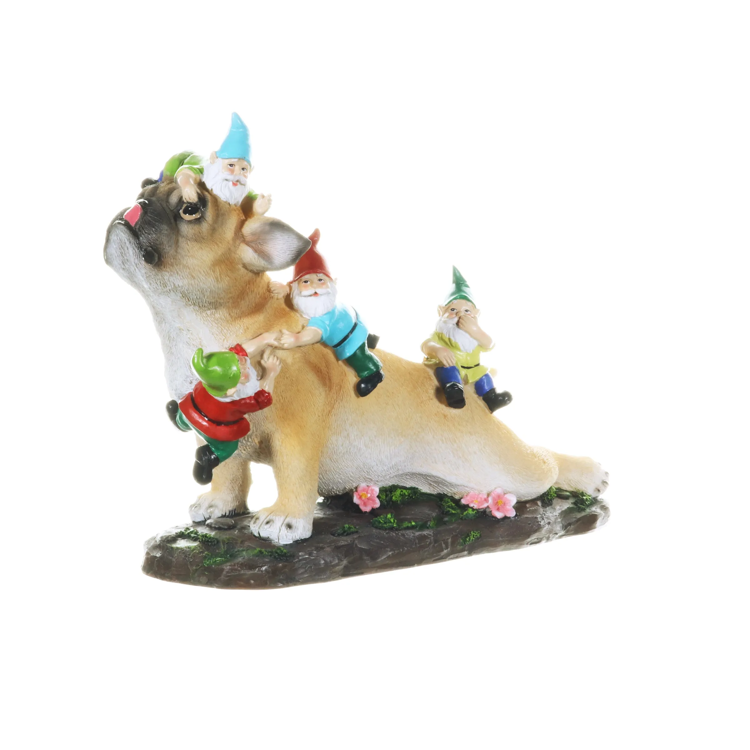 French Bulldog Garden Statue with Gnomes, Hand Painted, UV-Treated Resin, 6.5 x 12 Inches