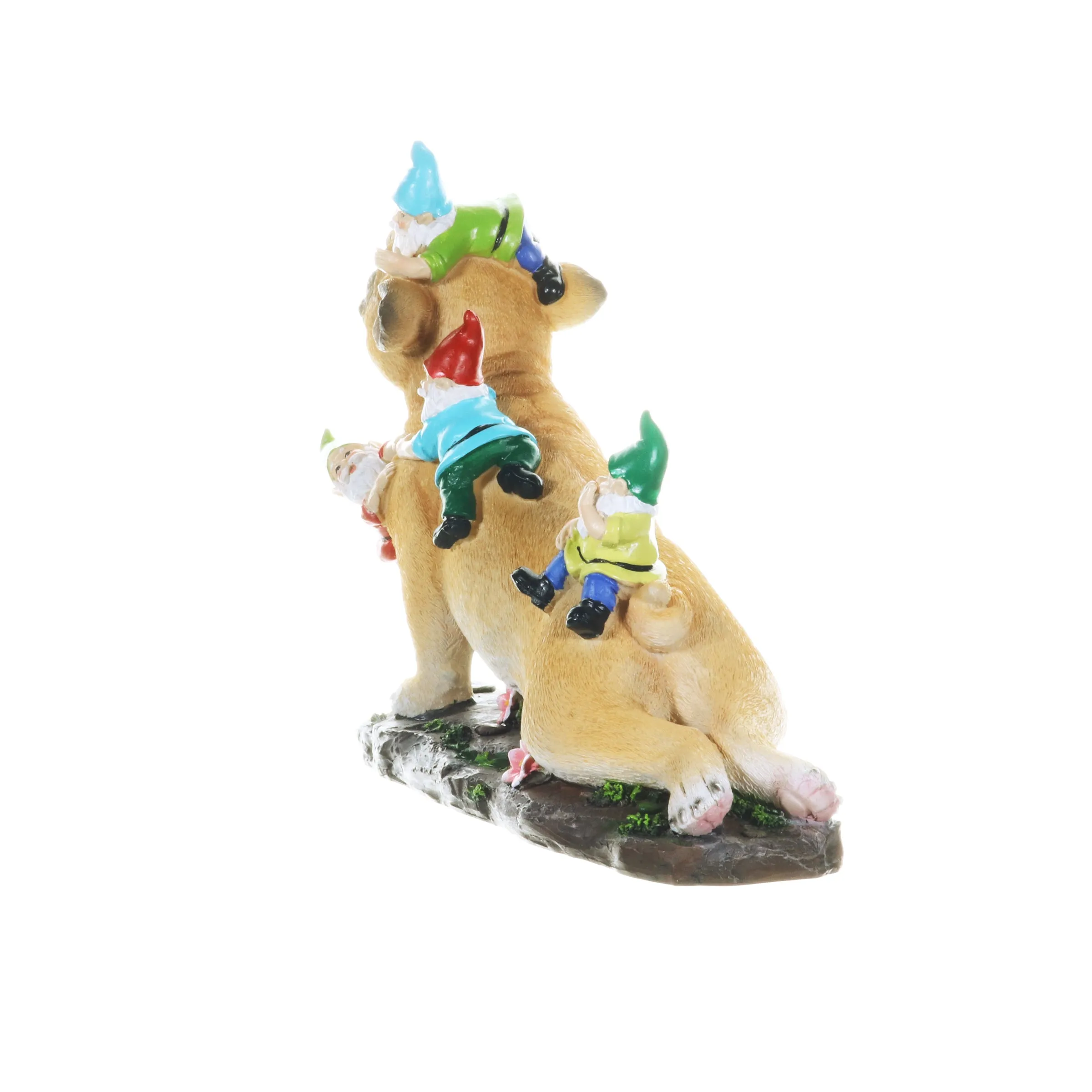 French Bulldog Garden Statue with Gnomes, Hand Painted, UV-Treated Resin, 6.5 x 12 Inches