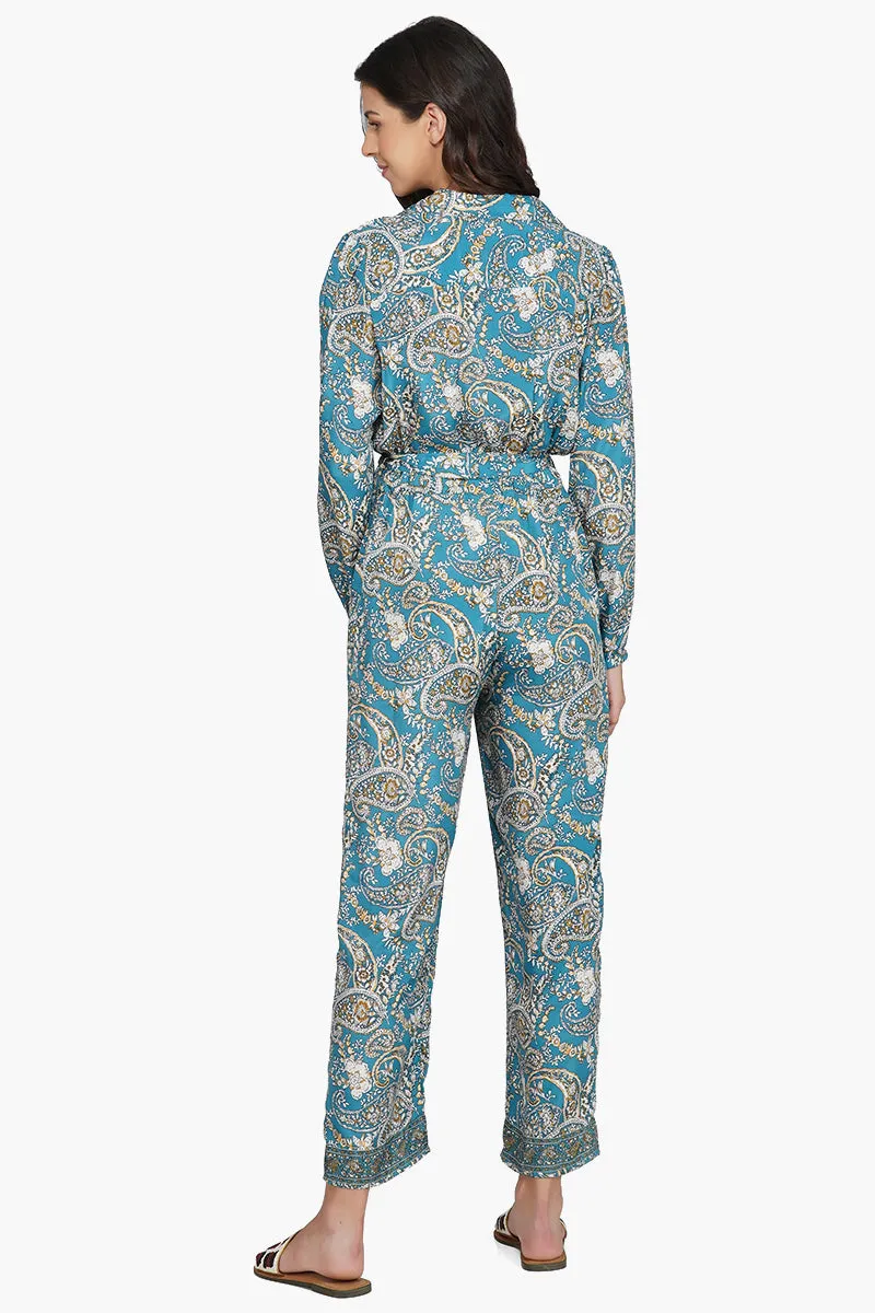 Hailee Blue Paisley Print Jumpsuit With Pockets