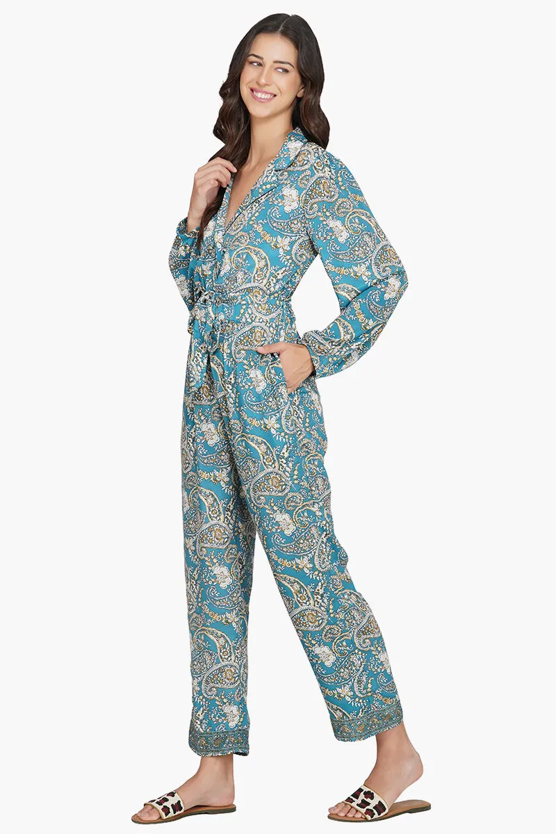 Hailee Blue Paisley Print Jumpsuit With Pockets