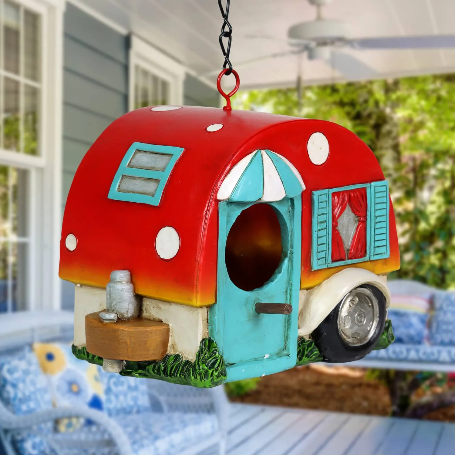 Hand Painted Red and Blue Hanging Camping Trailer Resin Bird House, 5.5 by 6 Inches