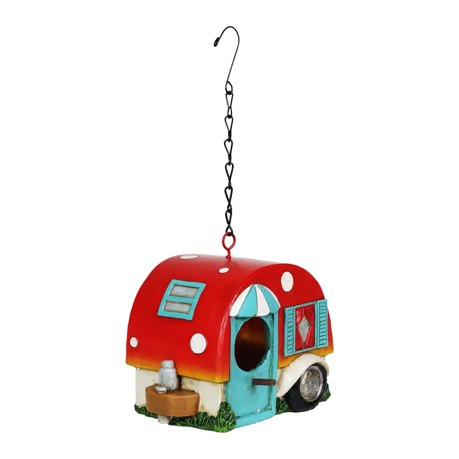 Hand Painted Red and Blue Hanging Camping Trailer Resin Bird House, 5.5 by 6 Inches