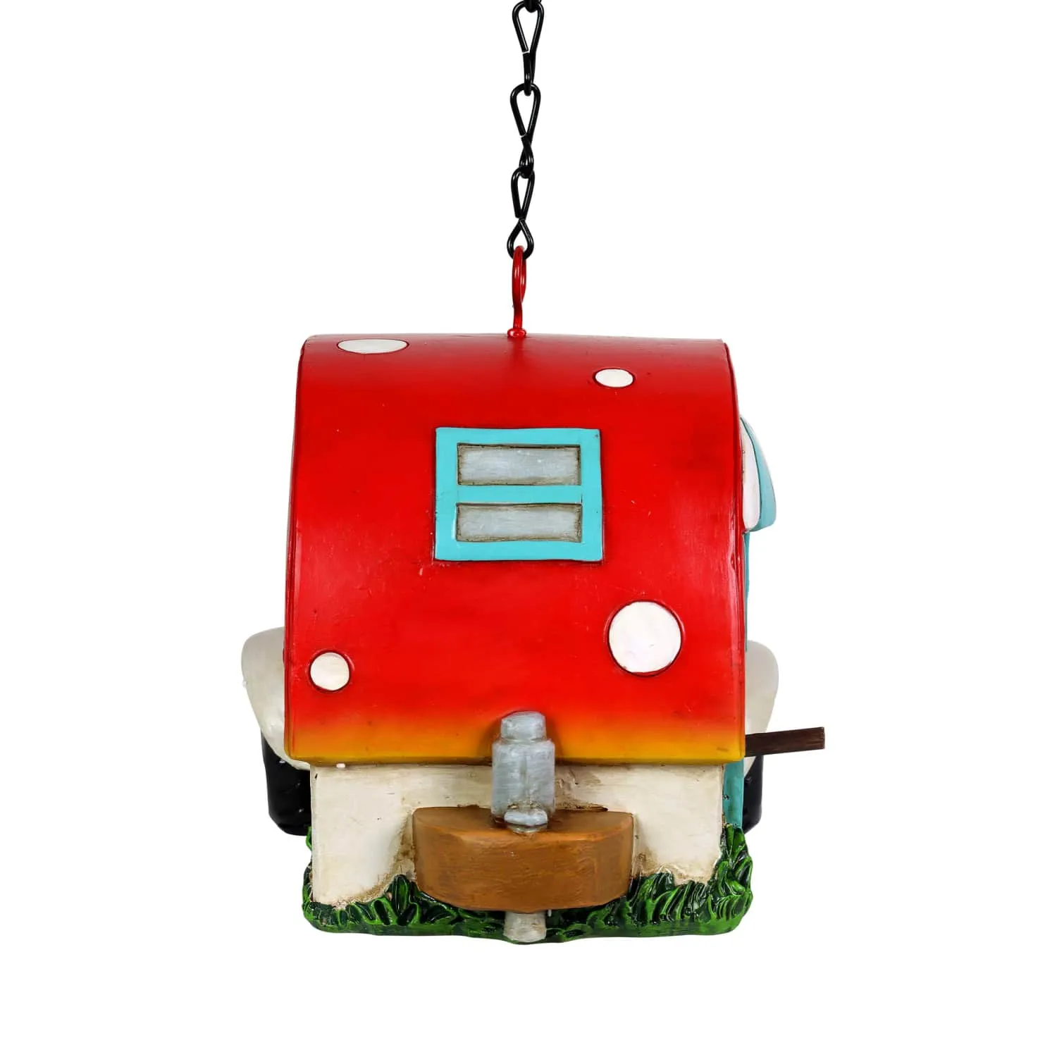 Hand Painted Red and Blue Hanging Camping Trailer Resin Bird House, 5.5 by 6 Inches