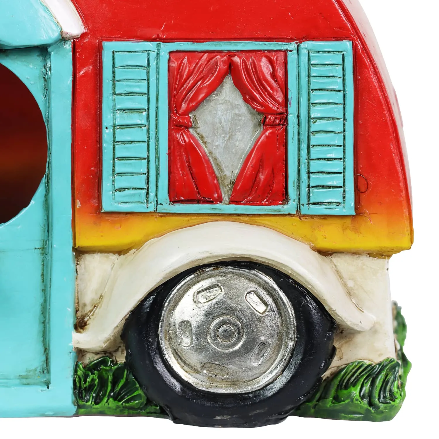 Hand Painted Red and Blue Hanging Camping Trailer Resin Bird House, 5.5 by 6 Inches