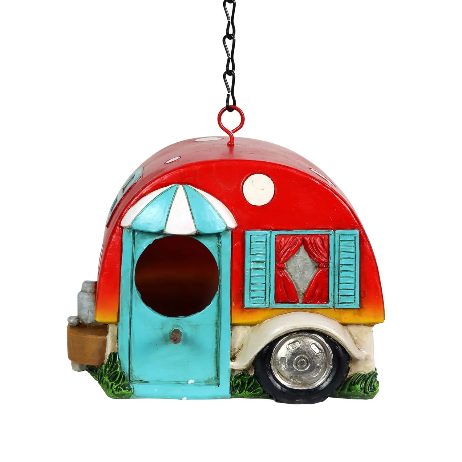 Hand Painted Red and Blue Hanging Camping Trailer Resin Bird House, 5.5 by 6 Inches