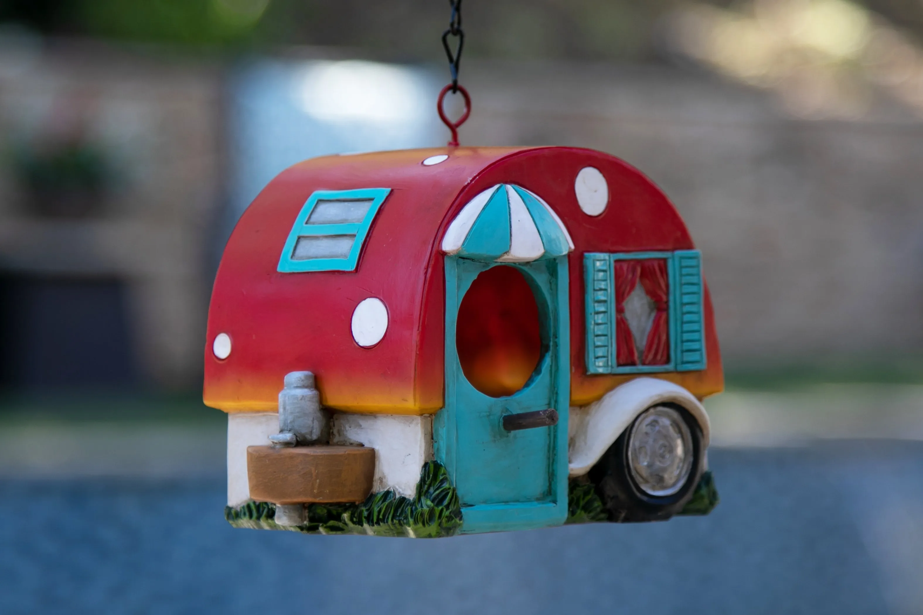 Hand Painted Red and Blue Hanging Camping Trailer Resin Bird House, 5.5 by 6 Inches