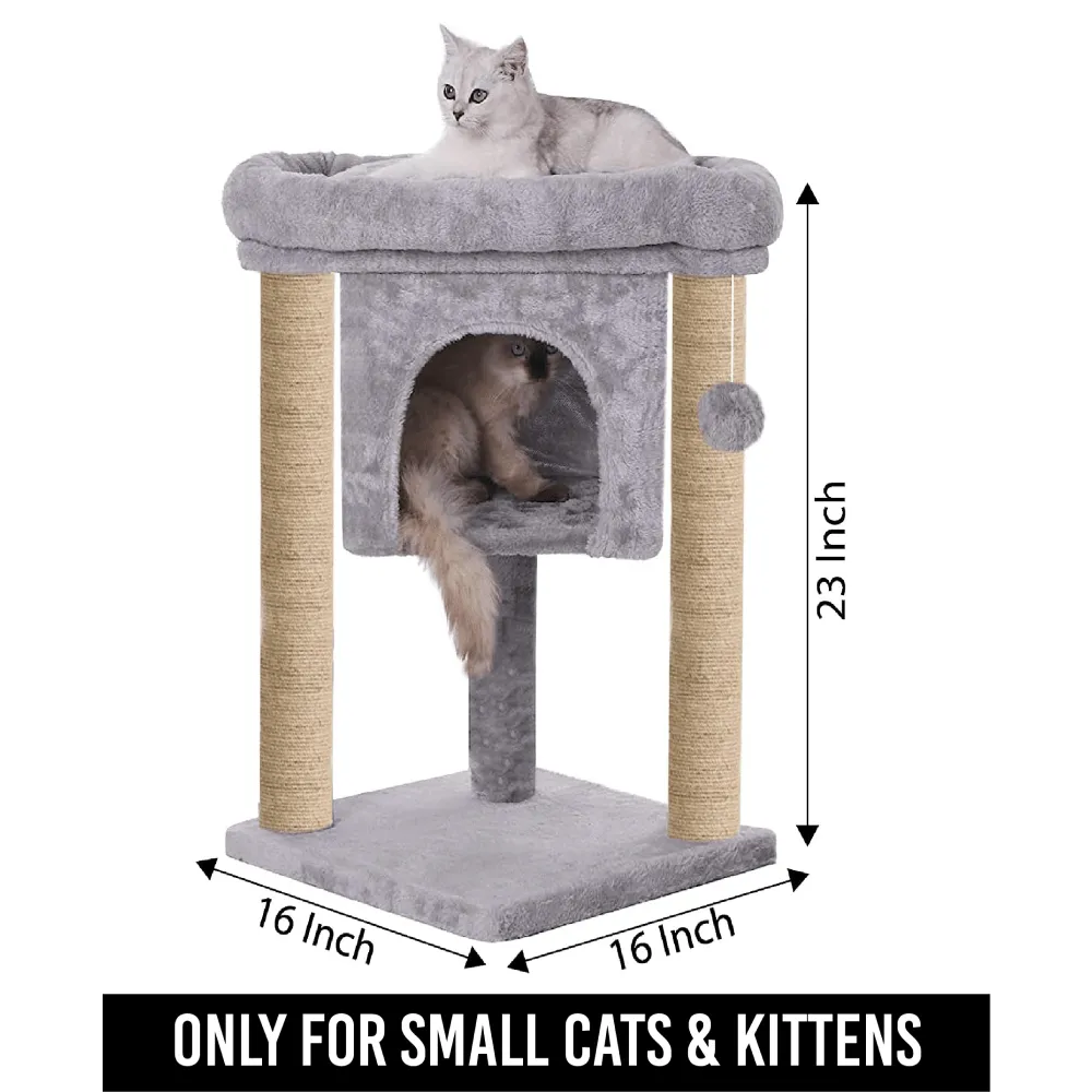 Hiputee Activity Tree, Plush Fur Fabric, Hanging Ball, Condo & Detachable Bed, Natural Sisal/Jute Covered Rope Tree for Kittens & Cats (Grey)