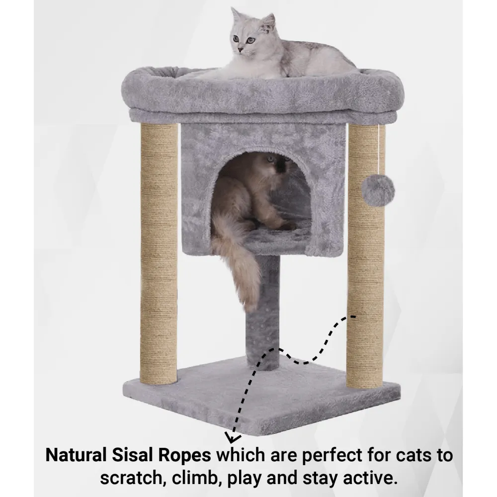 Hiputee Activity Tree, Plush Fur Fabric, Hanging Ball, Condo & Detachable Bed, Natural Sisal/Jute Covered Rope Tree for Kittens & Cats (Grey)