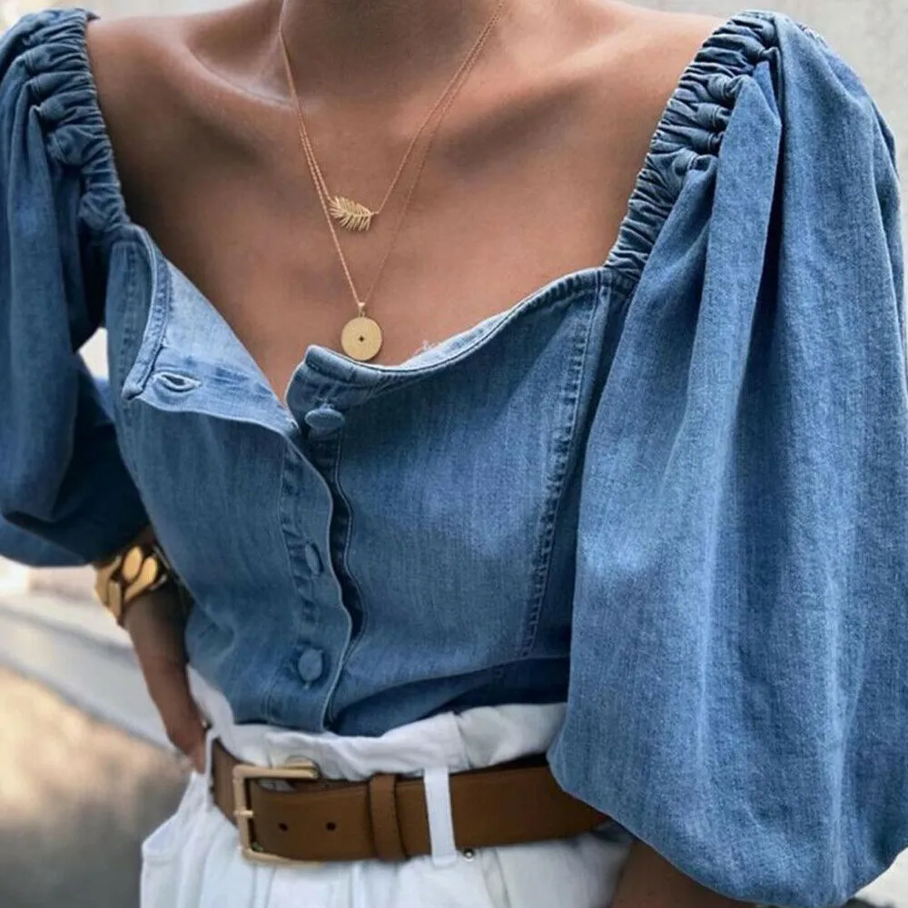 Madelyn Marie Open-Shoulder Denim Top