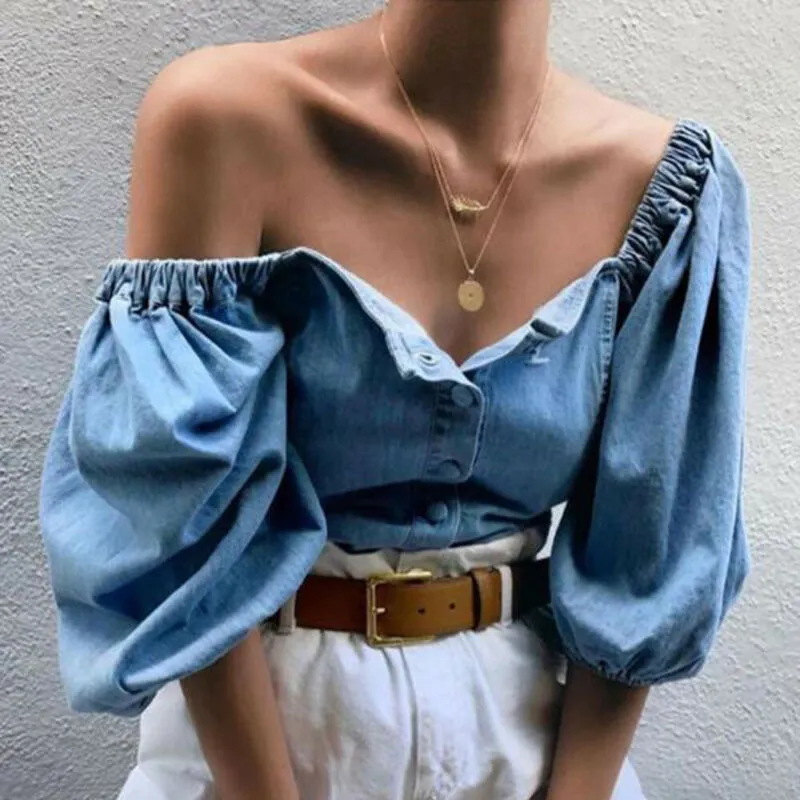 Madelyn Marie Open-Shoulder Denim Top