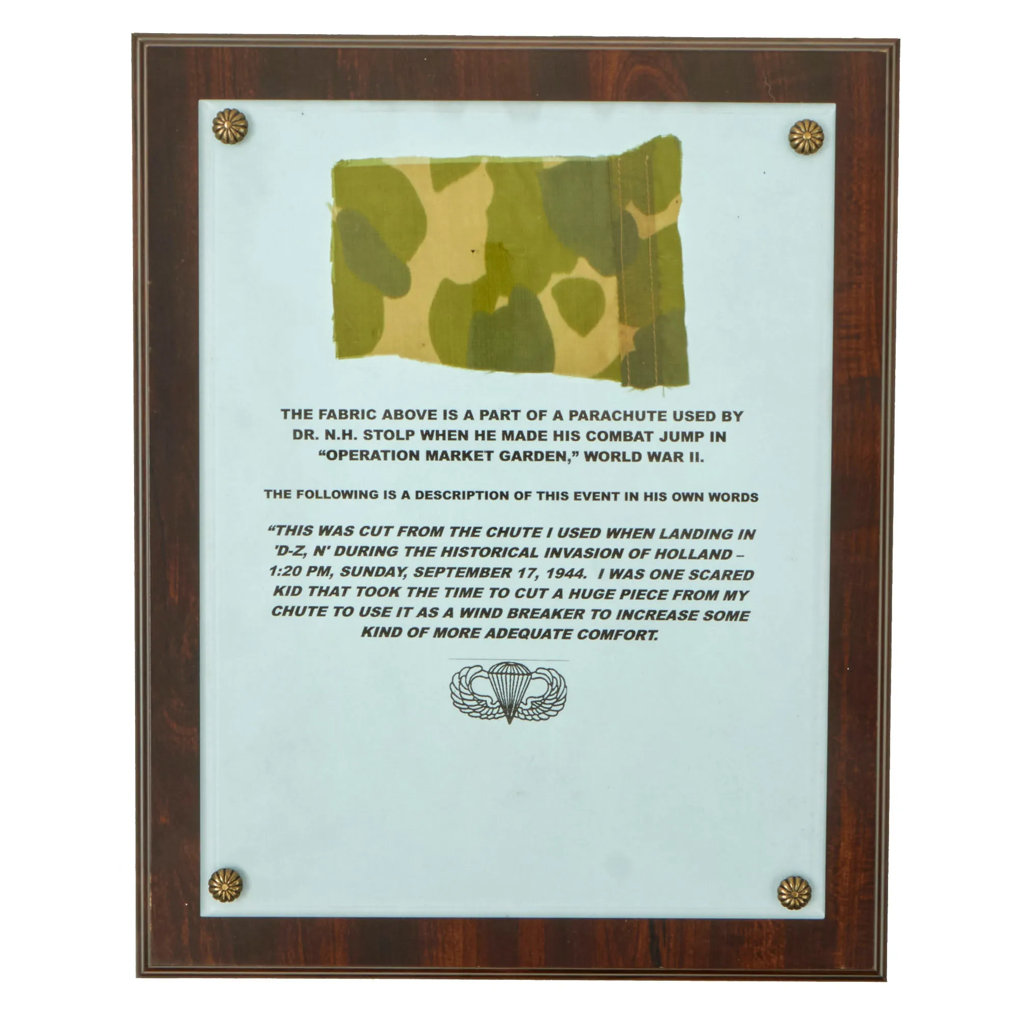 Original U.S. WWII Framed Camouflage Parachute Canopy From 82nd Airborne Division, 505th Parachute Infantry Regiment Paratrooper PFC Northam H. Stolp From Operation Market Garden, Drop Zone “N”