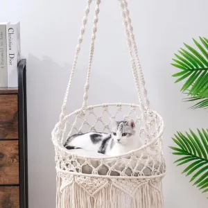 Pet Cat Hammock Swing Bed Bohemian Handwoven Tapestry Cotton Macrame for Home Outdoor Wall Hanging with Cushion