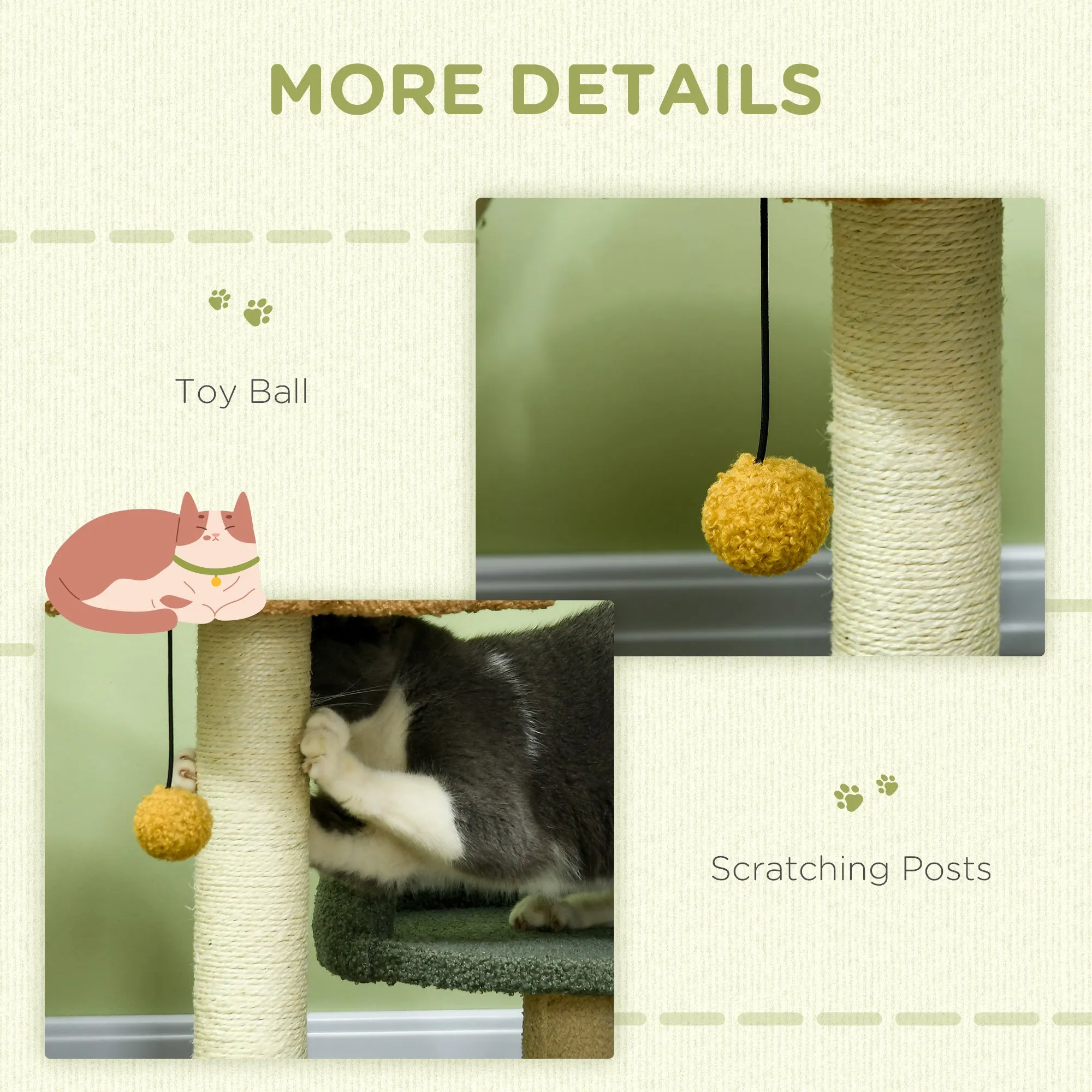 Small Cat Tree for Indoor Cats, Scratching Posts with 2 Beds, Toy Ball, 43 x 39 x 52cm