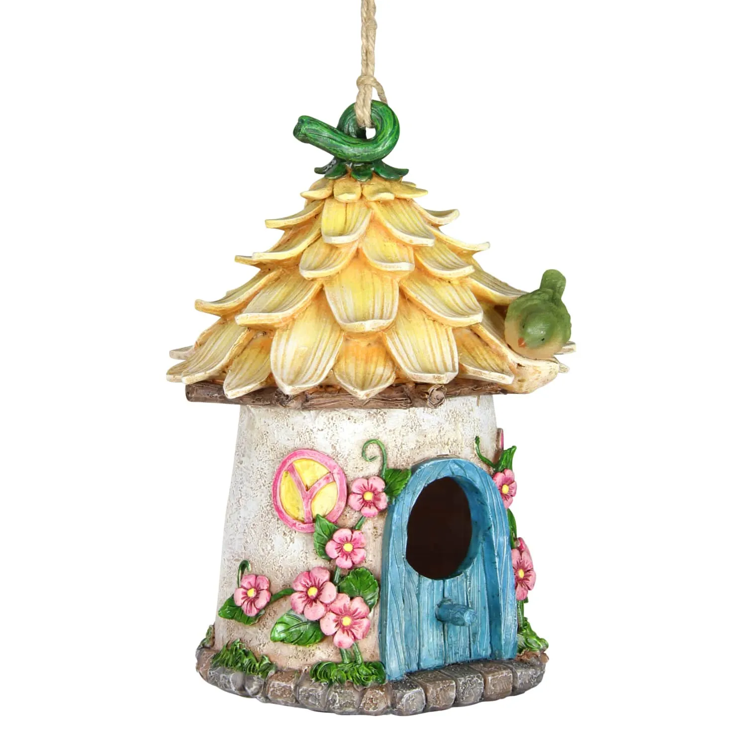 Solar Hand Painted Fairy House Hanging Bird House with Illuminating Bird, 6.5 by 9 Inches