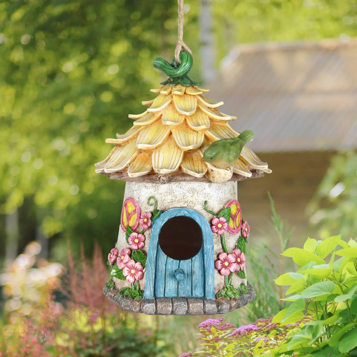 Solar Hand Painted Fairy House Hanging Bird House with Illuminating Bird, 6.5 by 9 Inches