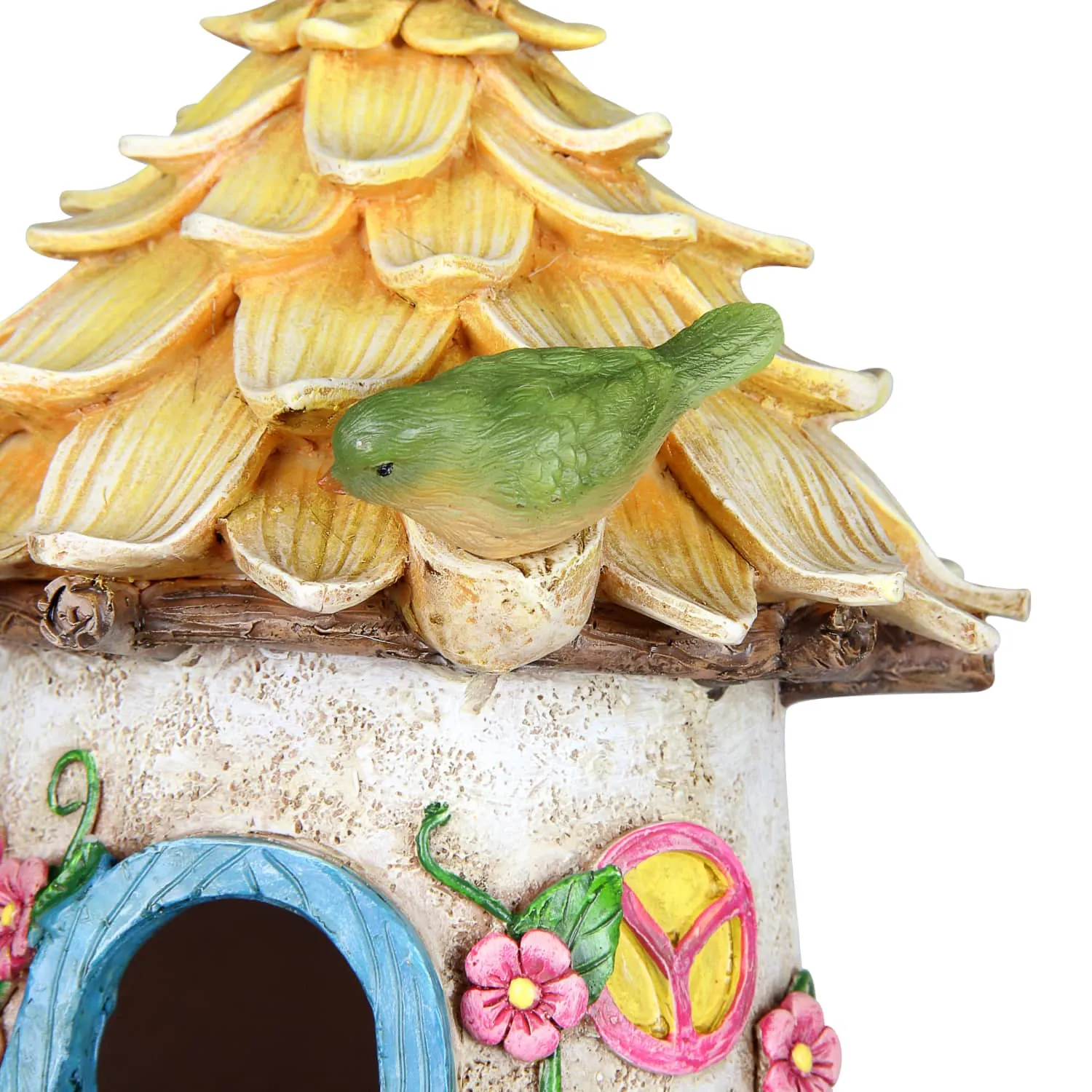 Solar Hand Painted Fairy House Hanging Bird House with Illuminating Bird, 6.5 by 9 Inches