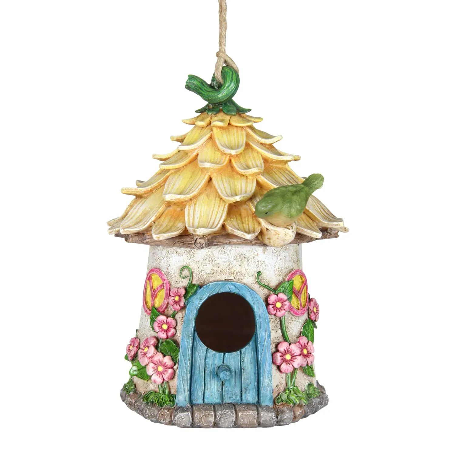 Solar Hand Painted Fairy House Hanging Bird House with Illuminating Bird, 6.5 by 9 Inches