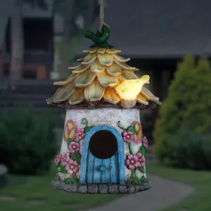 Solar Hand Painted Fairy House Hanging Bird House with Illuminating Bird, 6.5 by 9 Inches