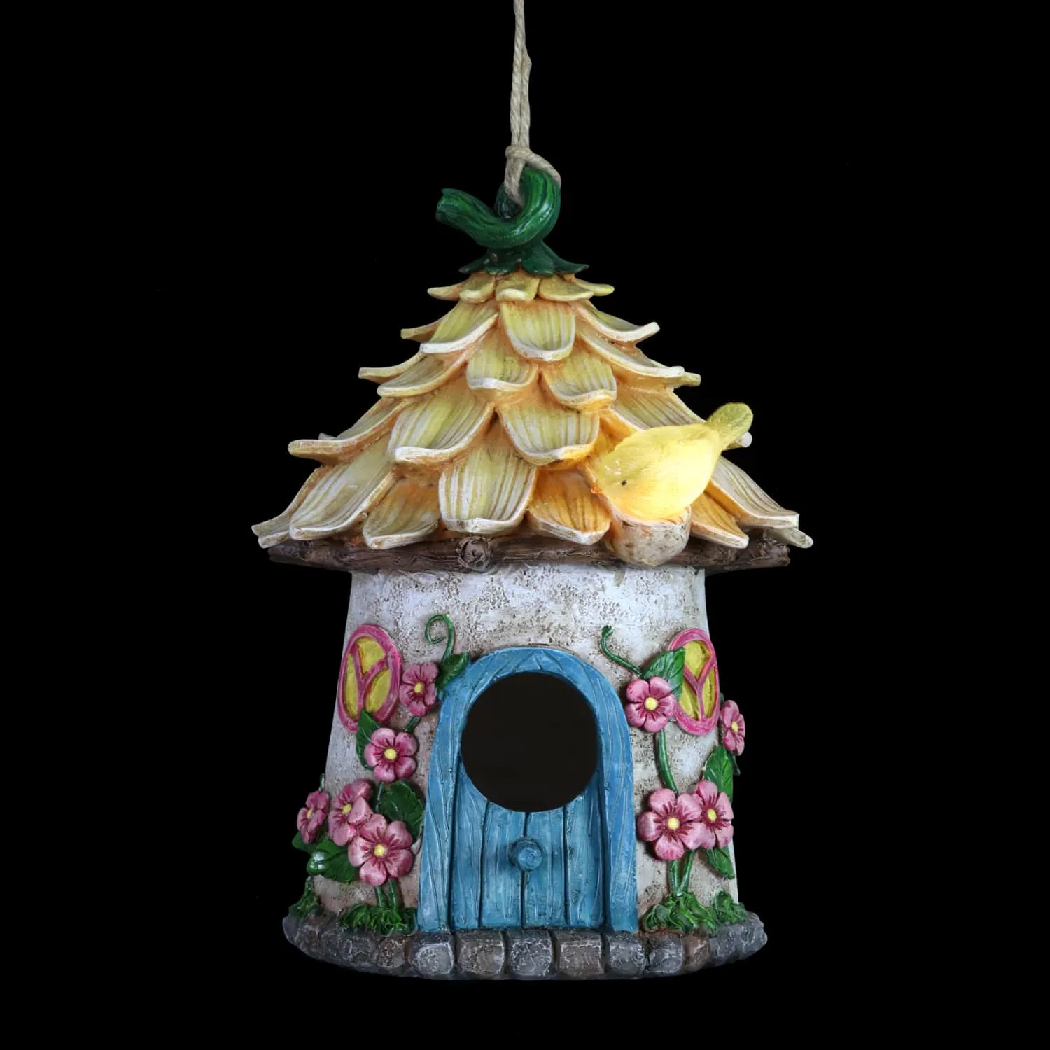 Solar Hand Painted Fairy House Hanging Bird House with Illuminating Bird, 6.5 by 9 Inches