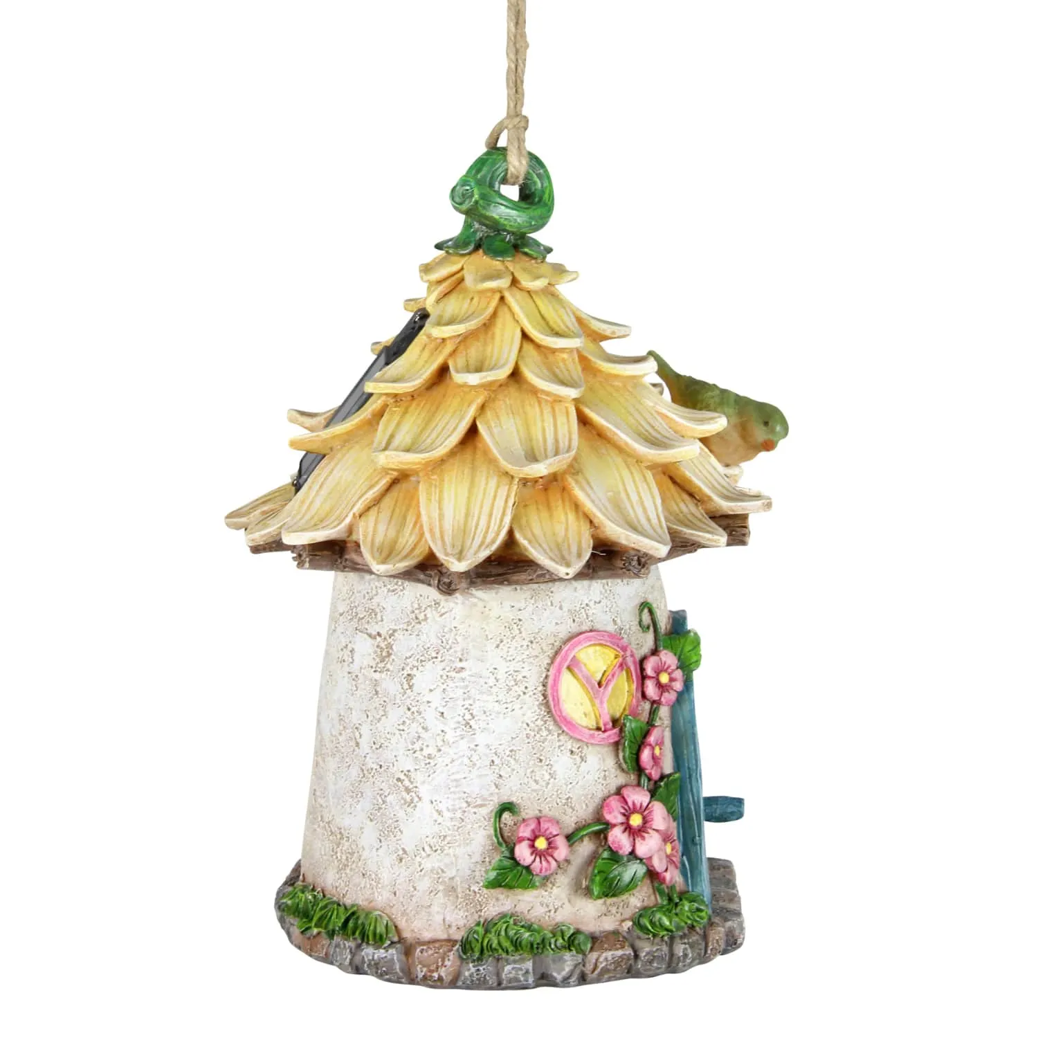 Solar Hand Painted Fairy House Hanging Bird House with Illuminating Bird, 6.5 by 9 Inches