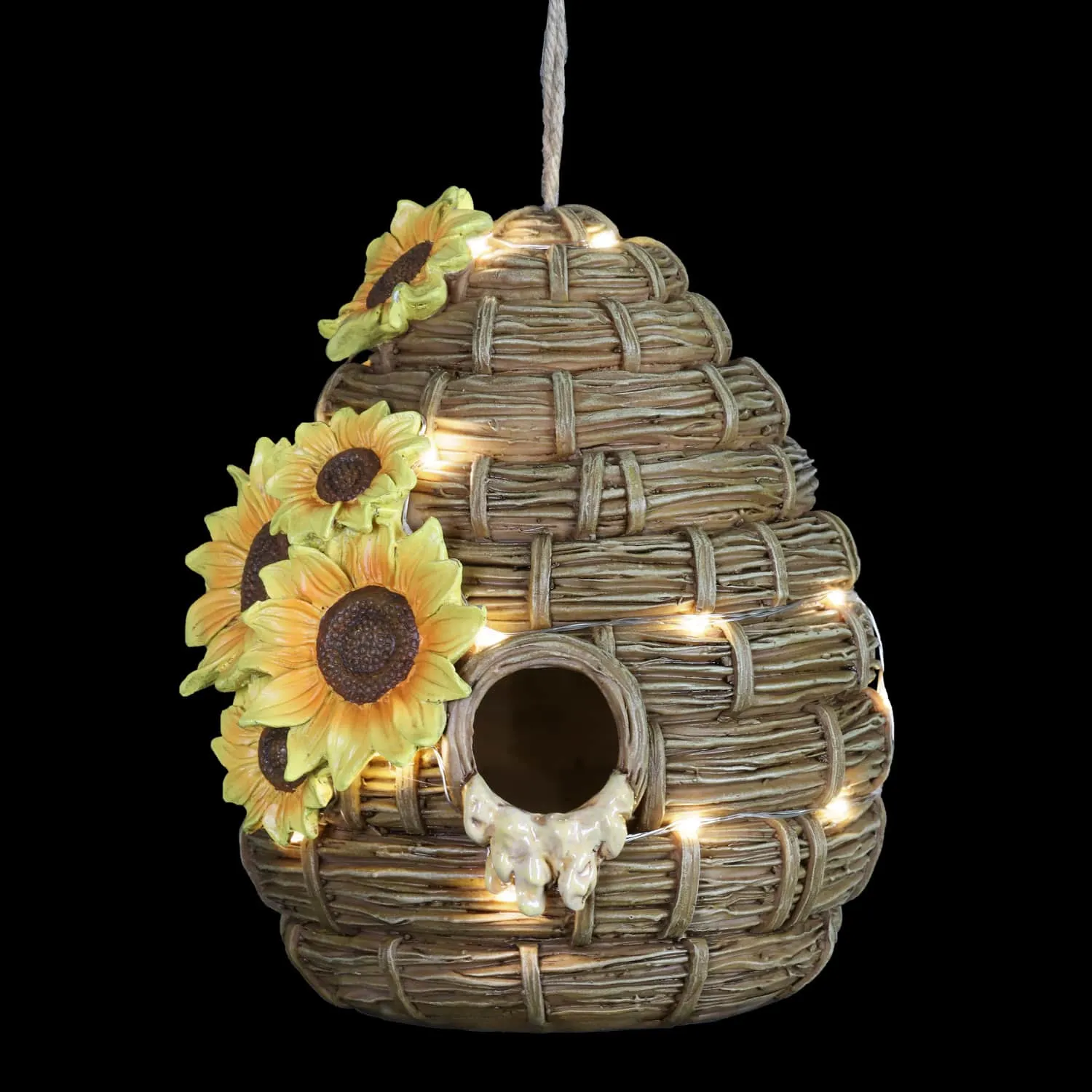 Solar Sunflower Hand Painted Bee Hive Hanging Bird House, 7 by 8 Inches