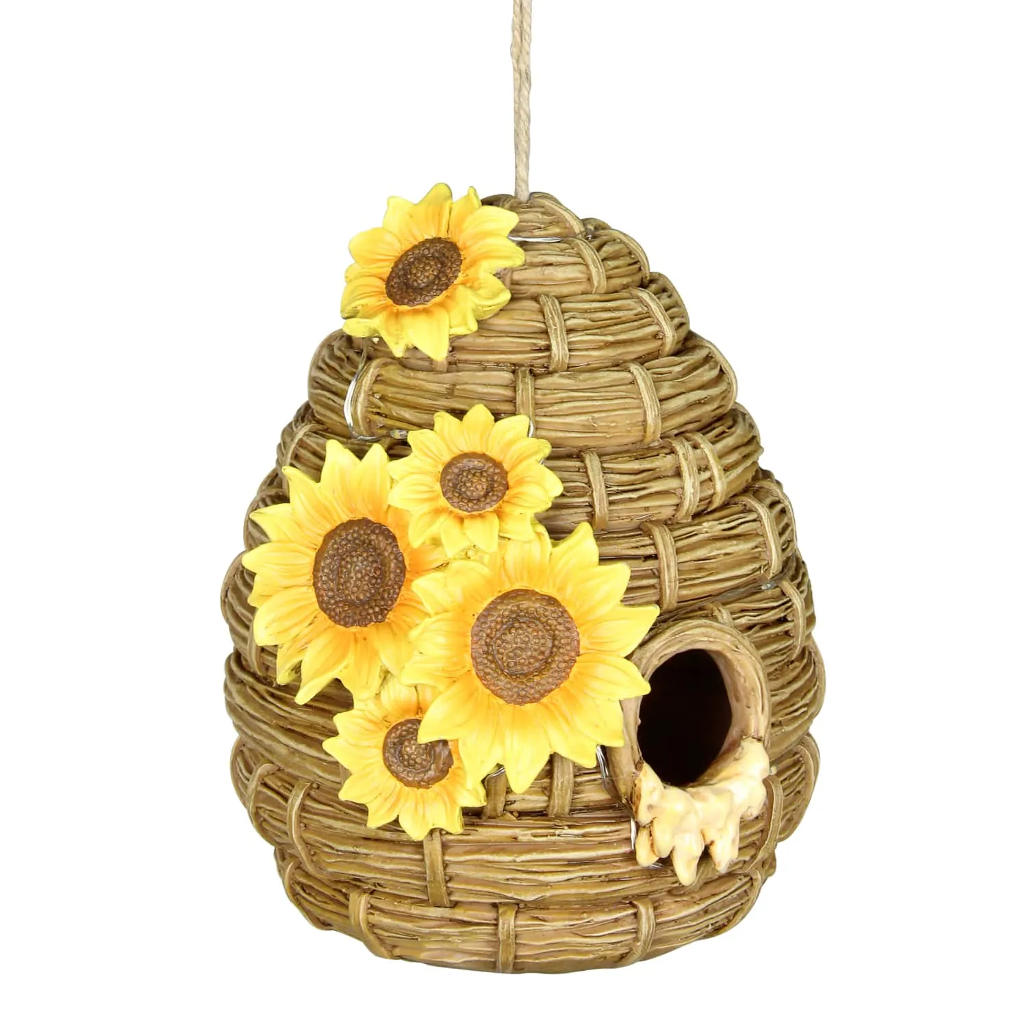 Solar Sunflower Hand Painted Bee Hive Hanging Bird House, 7 by 8 Inches