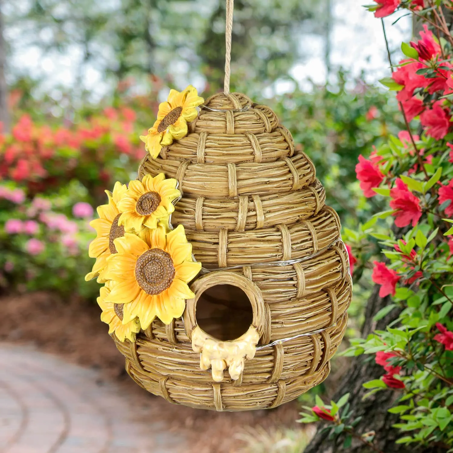 Solar Sunflower Hand Painted Bee Hive Hanging Bird House, 7 by 8 Inches