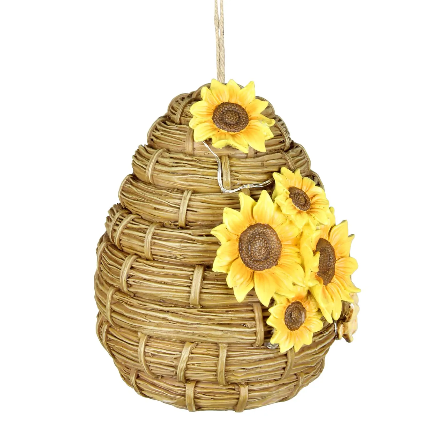 Solar Sunflower Hand Painted Bee Hive Hanging Bird House, 7 by 8 Inches